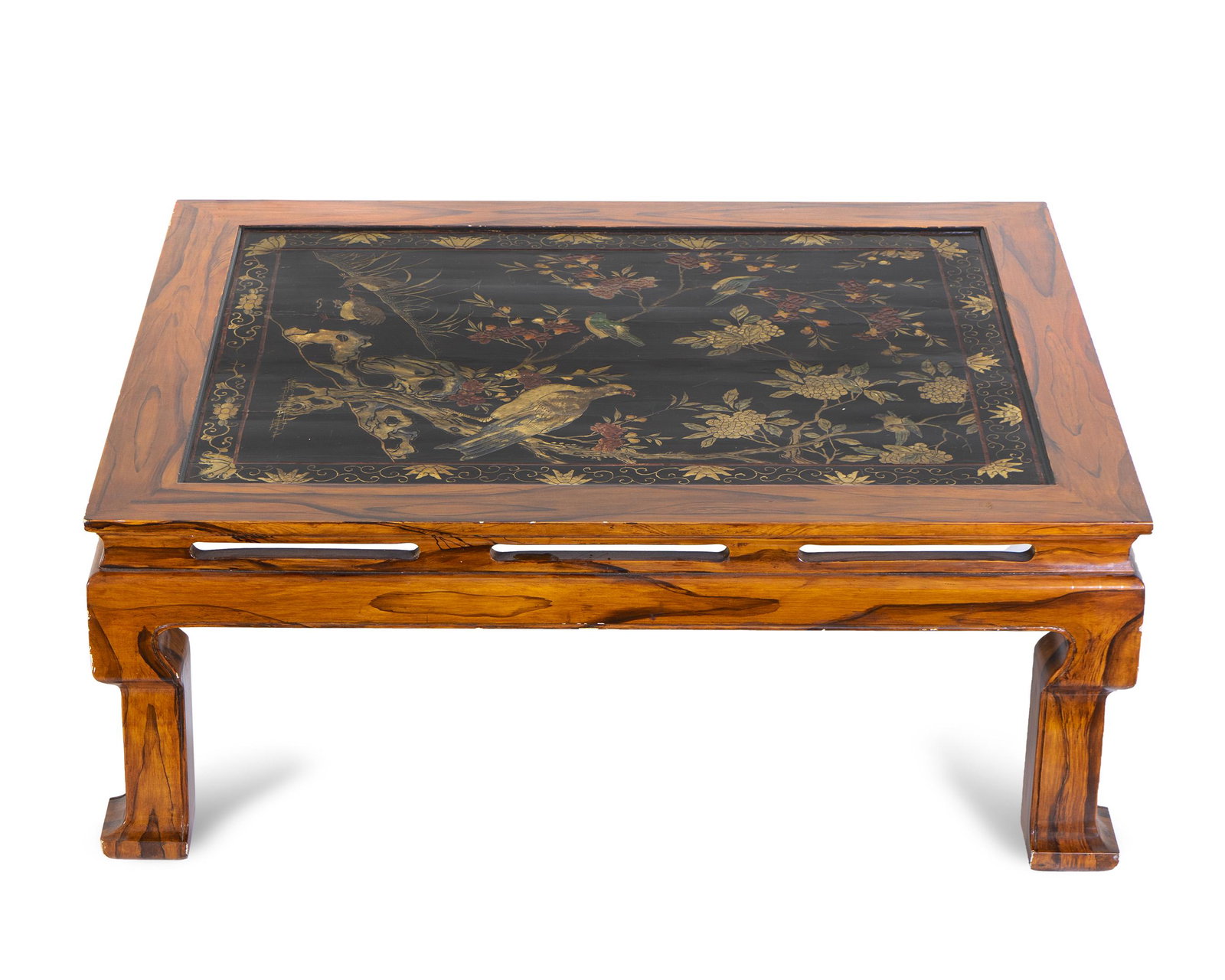 A Chinese Faux Bois and Coromandel Lacquer Low Table: A Chinese Faux Bois and Coromandel Lacquer Low Table 20TH CENTURY the top inset with an antique coromandel lacquer panel of birds in foliage. Height 18 x width 37 1/4 x depth 45 3/4 inches.