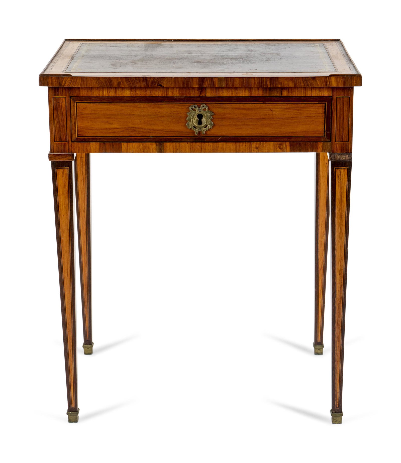 A Parish-Hadley Louis XVI Style Parquetry Side Table: A Parish-Hadley Louis XVI Style Parquetry Side Table 20TH CENTURY with gilt tooled brown leather inset top. Height 28 1/2 x width 23 1/4 x depth 16 3/4 inches.