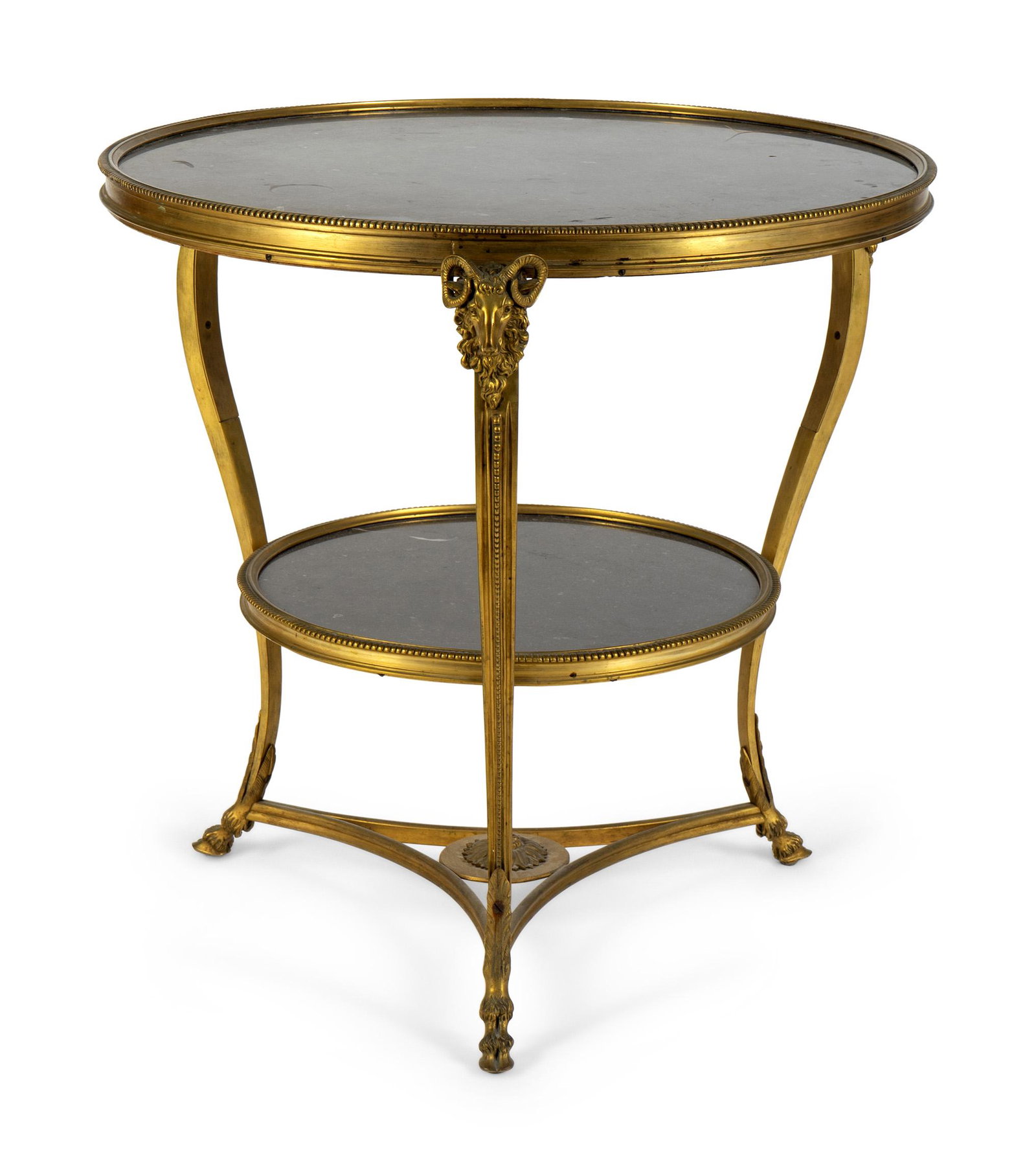 A Gilt Bronze Two-Tier Gueridon with Inset Black Marble: A Gilt Bronze Two-Tier Gueridon with Inset Black Marble Top and Shelf 19TH CENTURY Height 27 x diameter 21 inches.