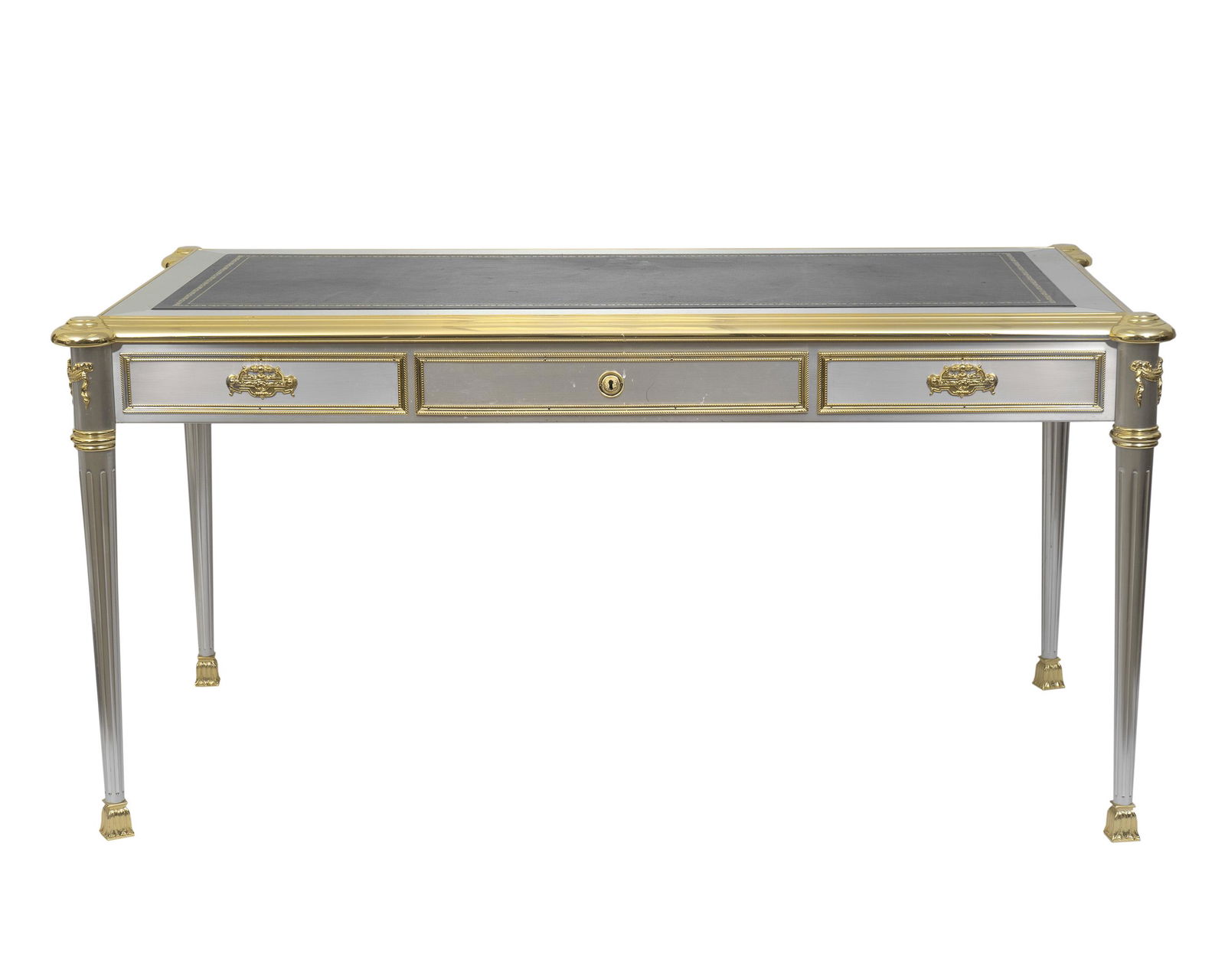 A Louis XVI Style Brass Mounted Silvered Metal Bureau: A Louis XVI Style Brass Mounted Silvered Metal Bureau Plat By John Vesey, 20TH CENTURY with black inset leather writing surface. Height 30 3/4 x width 62 x depth 34 inches.