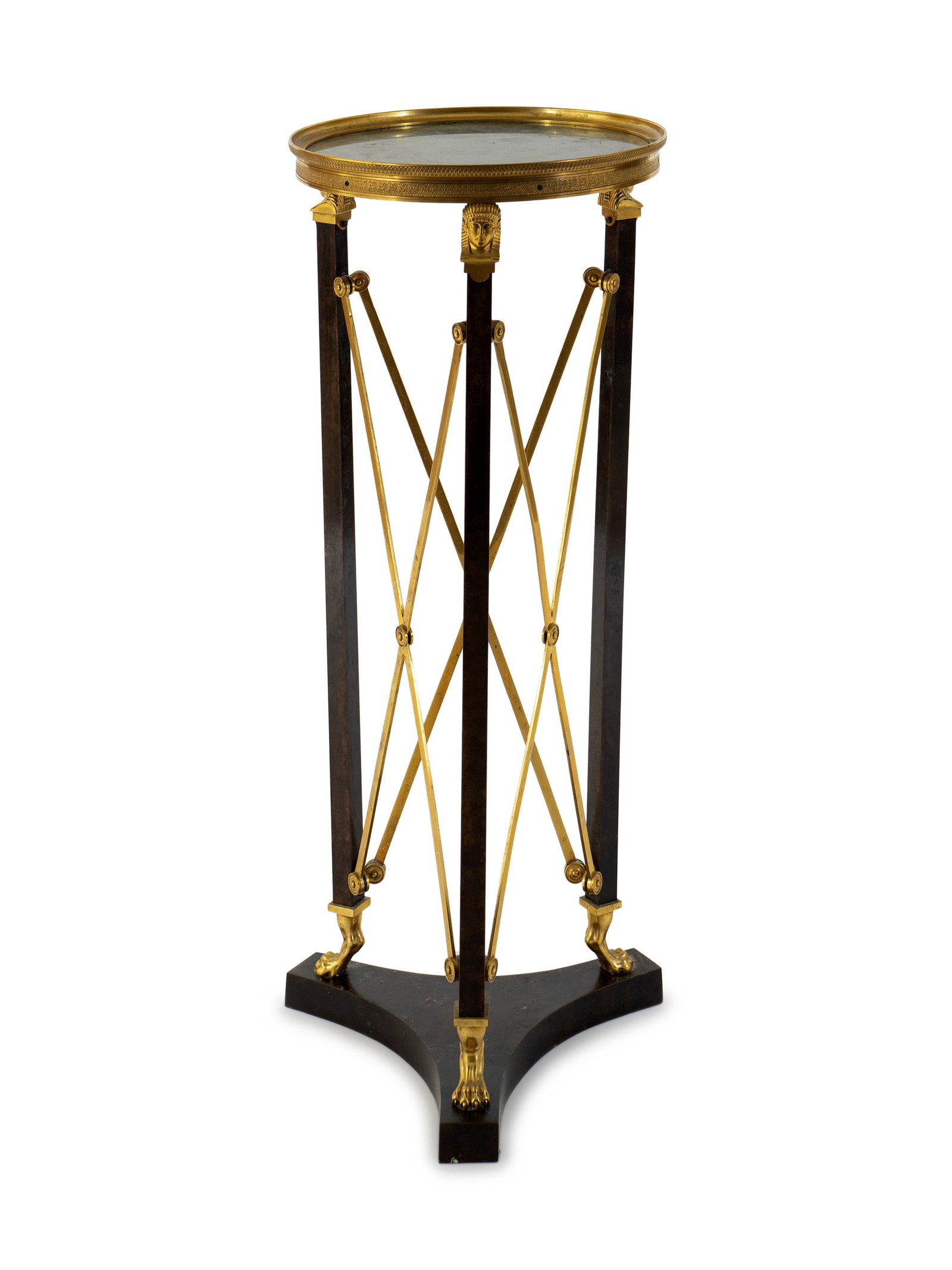 A French Empire Style Gilt Bronze and Ebonized Marble: A French Empire Style Gilt Bronze and Ebonized Marble Top Pedestal Table 20TH CENTURY Height 34 1/2 x diameter 13 7/8 inches.
