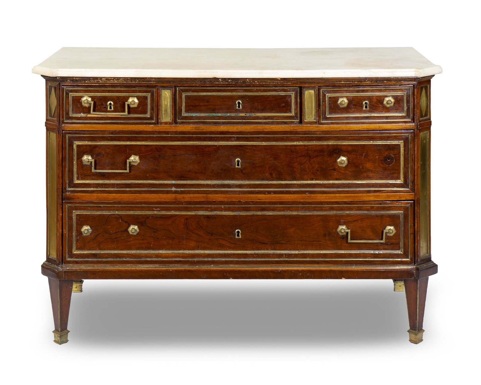 A French Empire Style Walnut Commode Height 34 1/2 x: A French Empire Style Walnut Commode 19TH/20TH CENTURY with white marble top. Height 34 1/2 x width 51 3/4 x depth 24 1/4 inches.