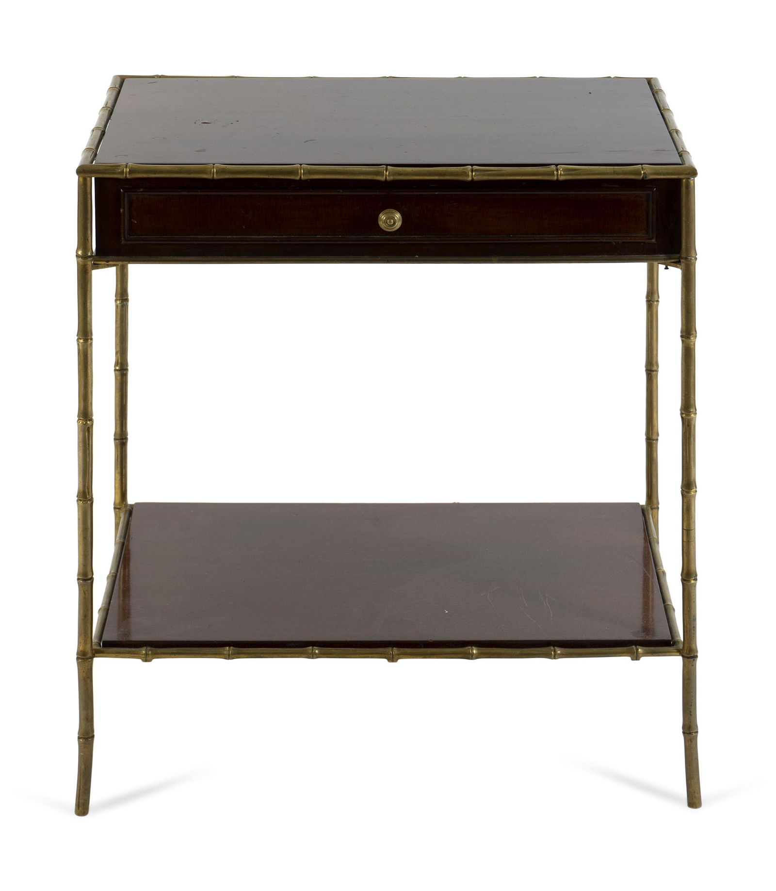 A Bronze and Mahogany Bamboo Framed Two Tier Side Table: A Bronze and Mahogany Bamboo Framed Two Tier Side Table 20TH CENTURY in the manner of Maison Jansen. Height 28 x width 24 7/8 x depth 15 1/4 inches.