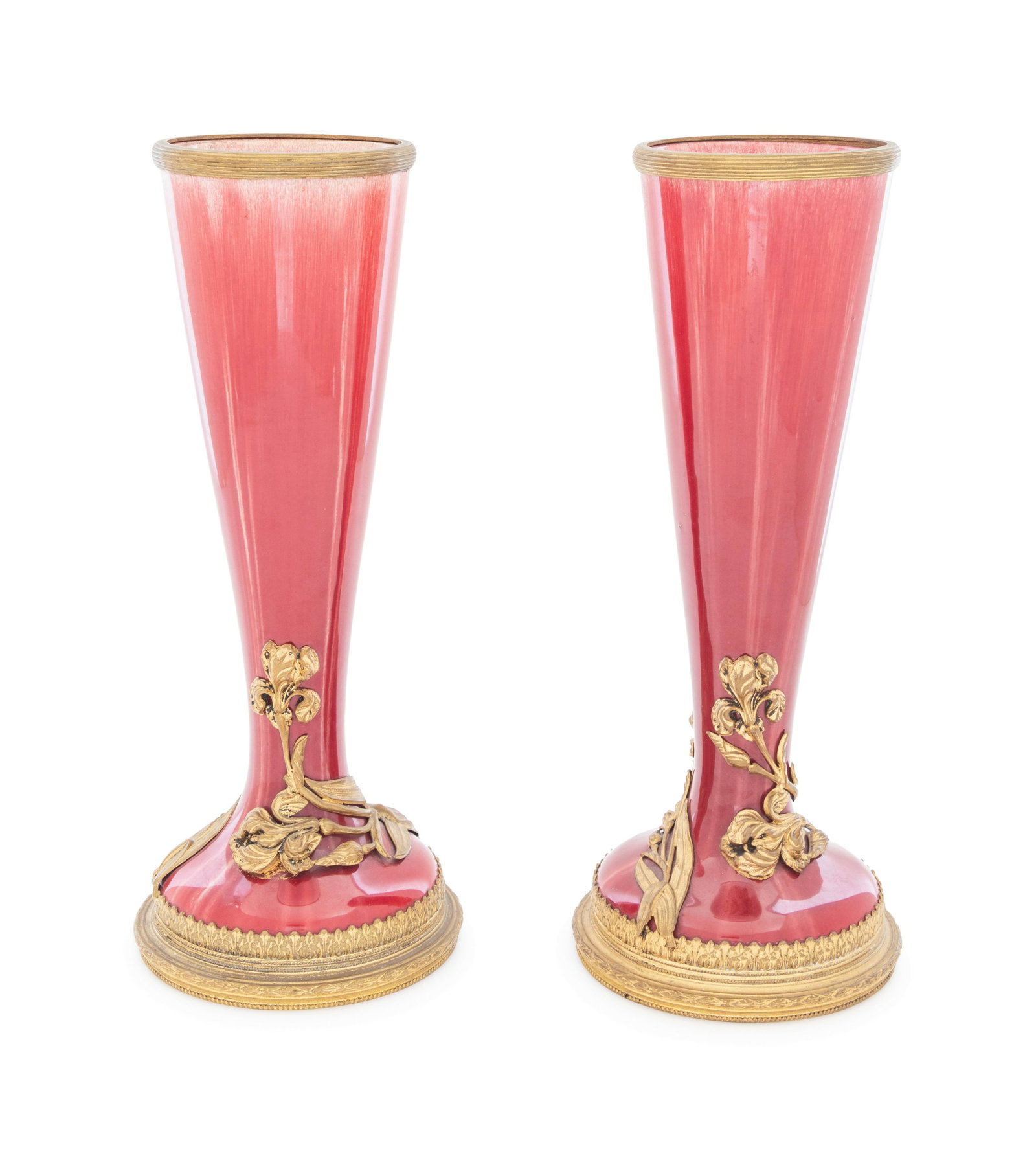 A Pair of French Gilt Bronze Mounted Sang de Boeuf: A Pair of French Gilt Bronze Mounted Sang de Boeuf Porcelain Vases First Half 20th Century each stamped FRANCE to the underside of the gilt bronze base. Height 11 1/8 inches. Property from the Collect
