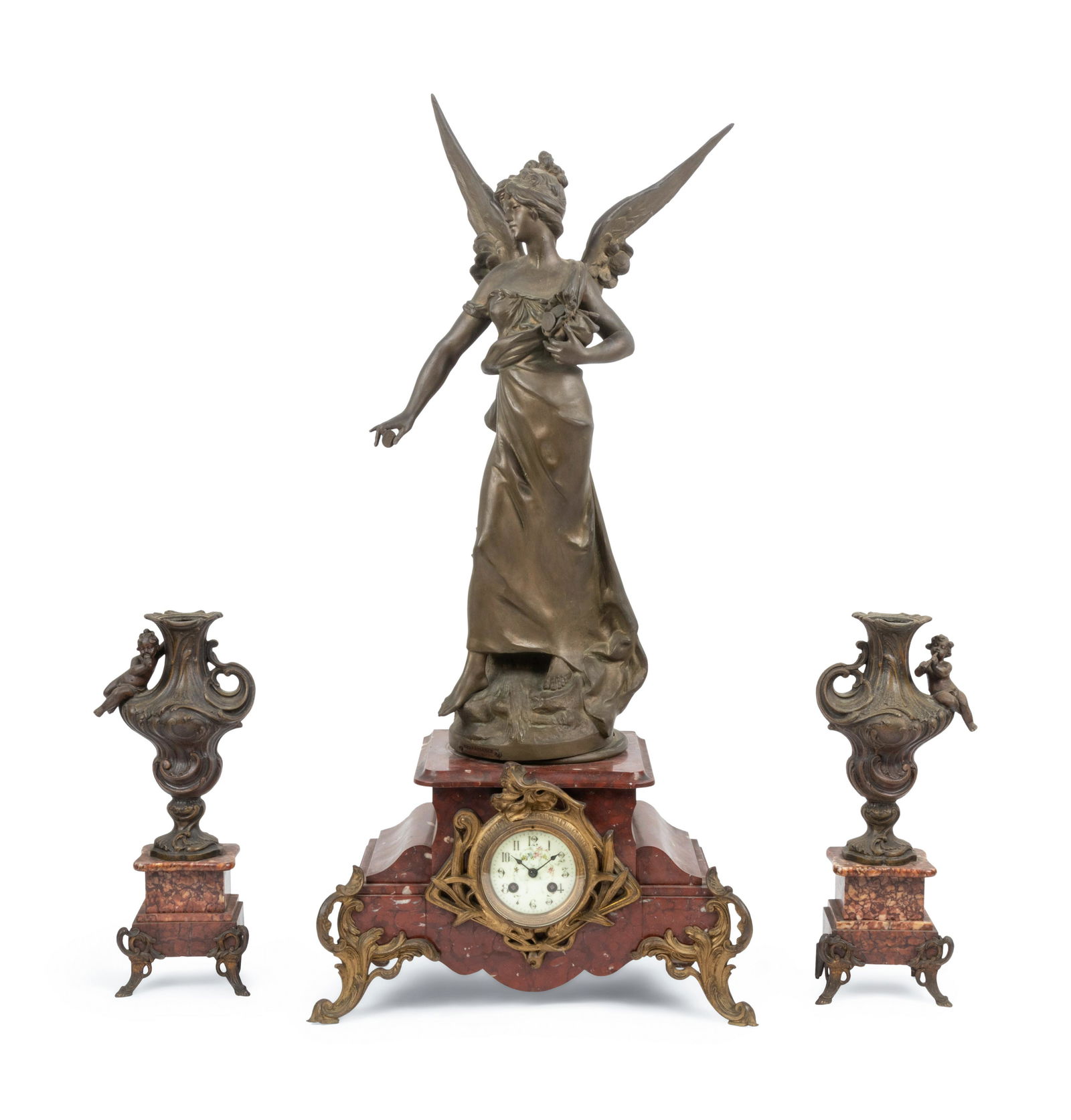 A French Cast Metal and Marble Clock Garniture (1 of 3)