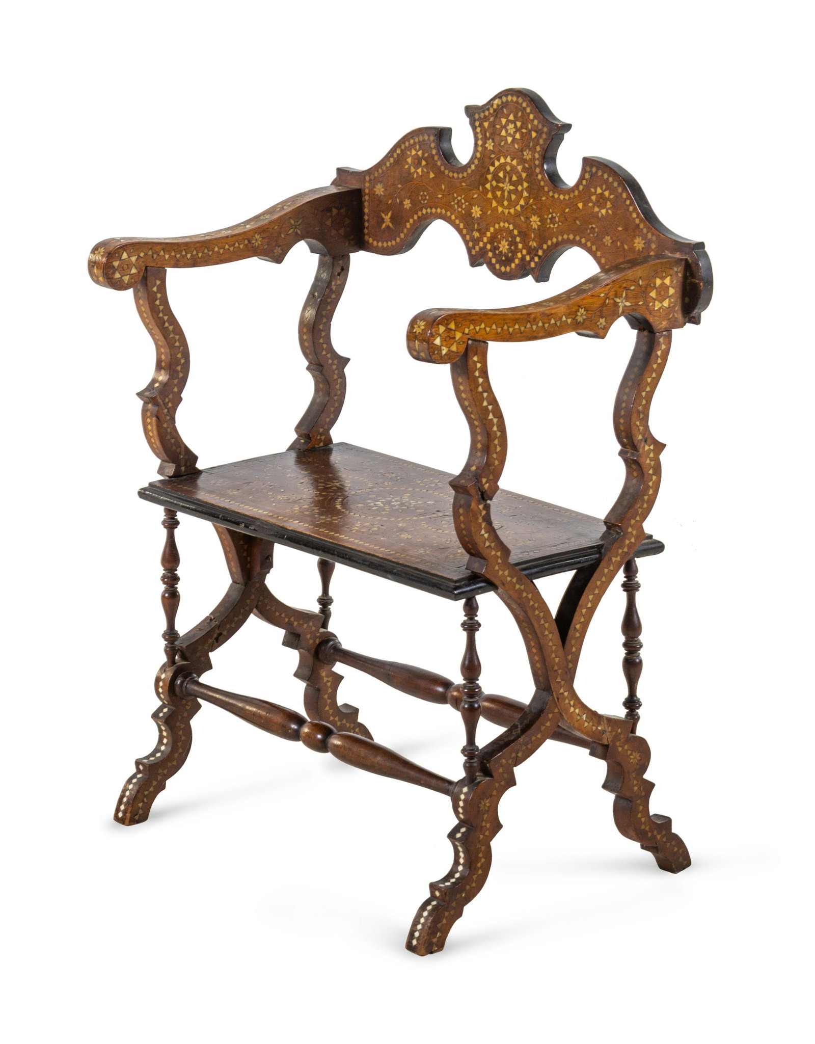 A Moorish Style Bone Inlaid Walnut Armchair: A Moorish Style Bone Inlaid Walnut Armchair 20th Century Height 34 3/4 x width 24 3/4 x depth 16 inches.