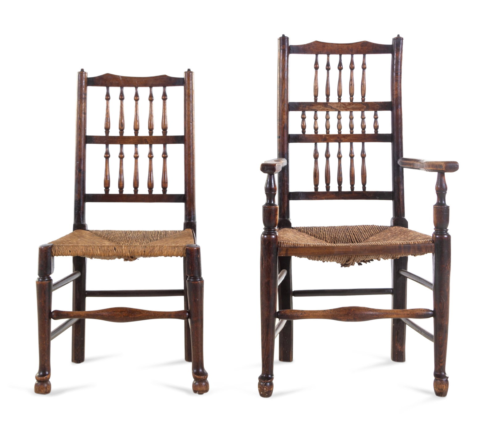 Two George III Ash Lancashire Chairs: Two George III Ash Lancashire Chairs Late 18th/Early 19th Century Height of armchair 43 1/2 x width 21 x depth 17 1/2 inches.