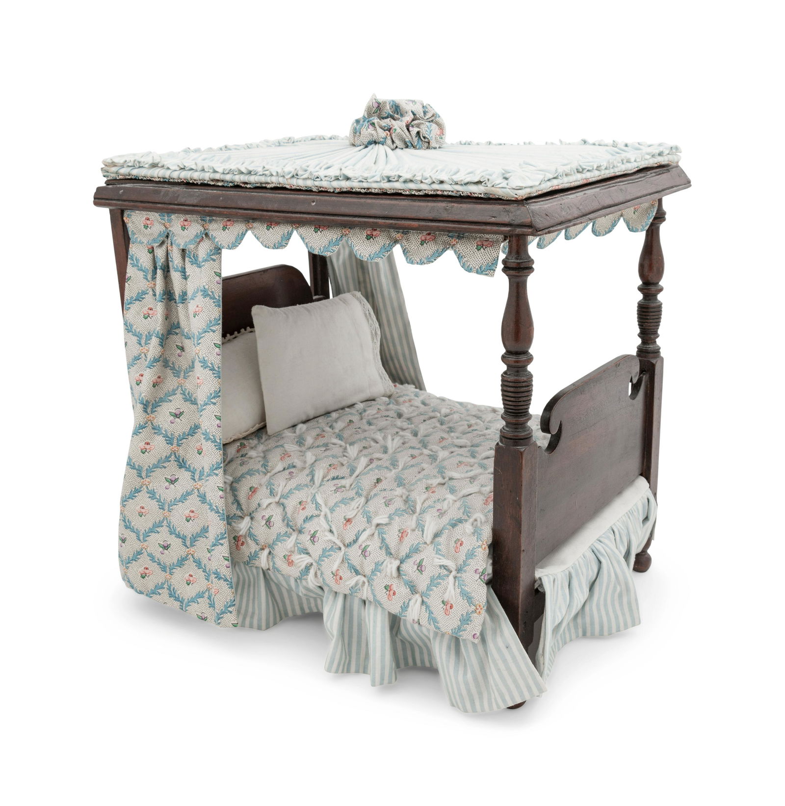 An English Diminutive Mahogany Bed: An English Diminutive Mahogany Bed 19th Century partially upholstered, accompanied by a historical letter from John Bell Antiques & Works of Art, Aberdeen, dated November 8, 1941. Height 12 1/2 x widt