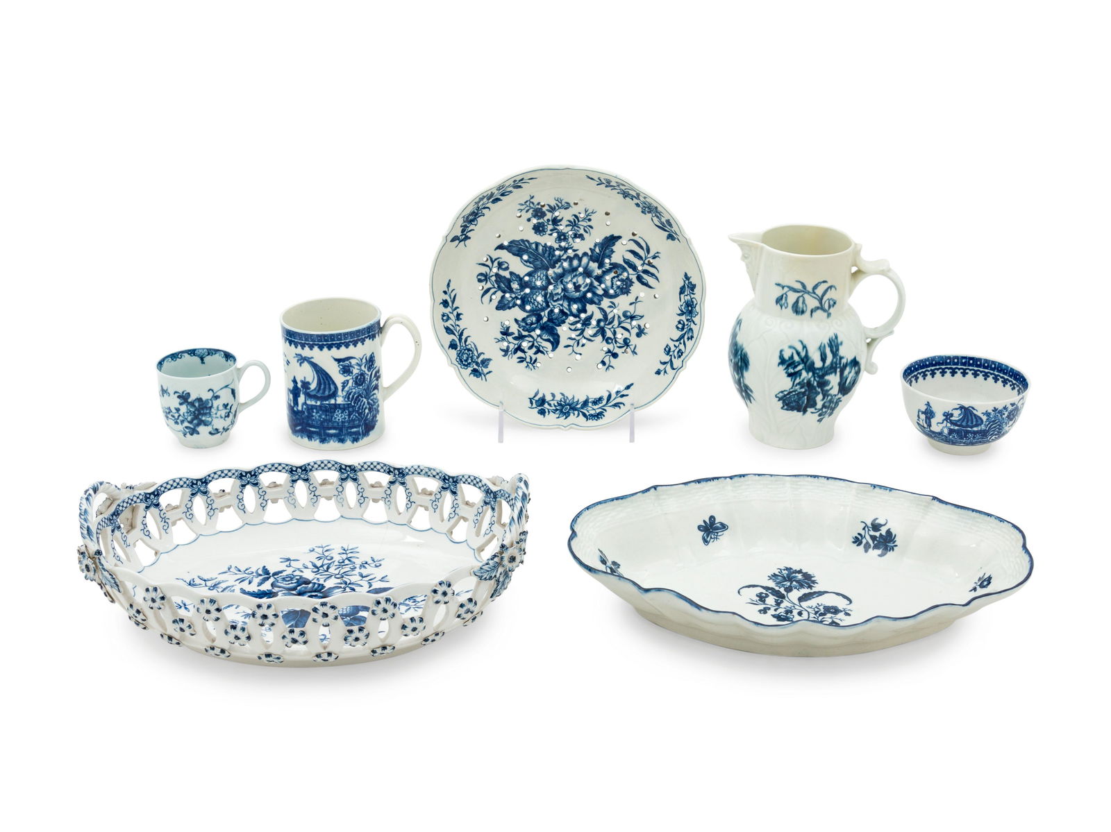 Seven Worcester Blue and White Porcelain Articles (1 of 2)