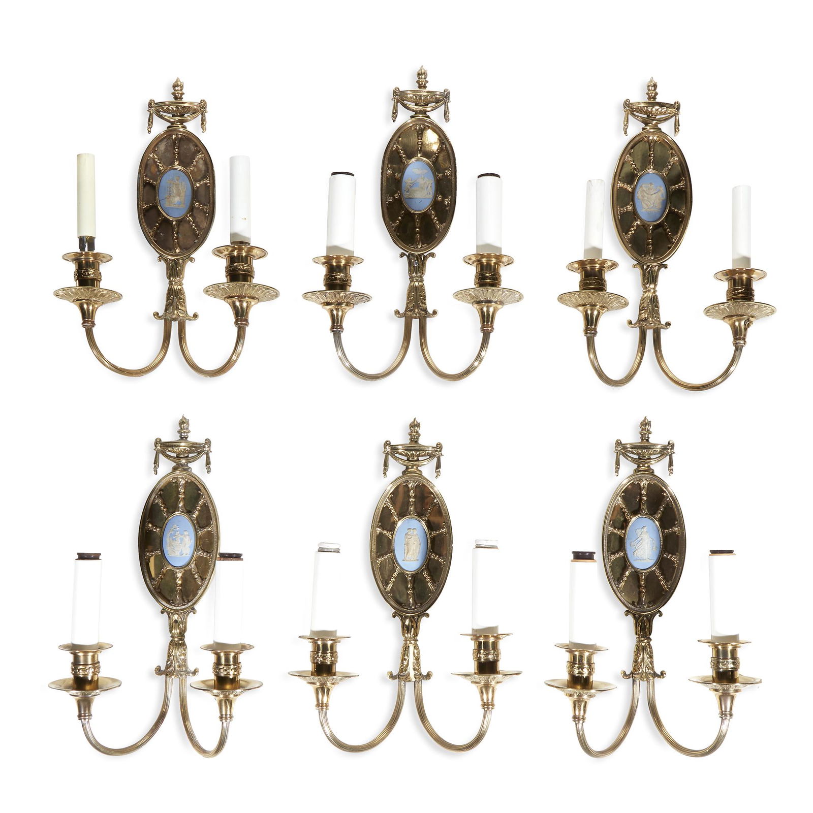 A set of ten Neoclassical brass two-light sconces with (1 of 1)