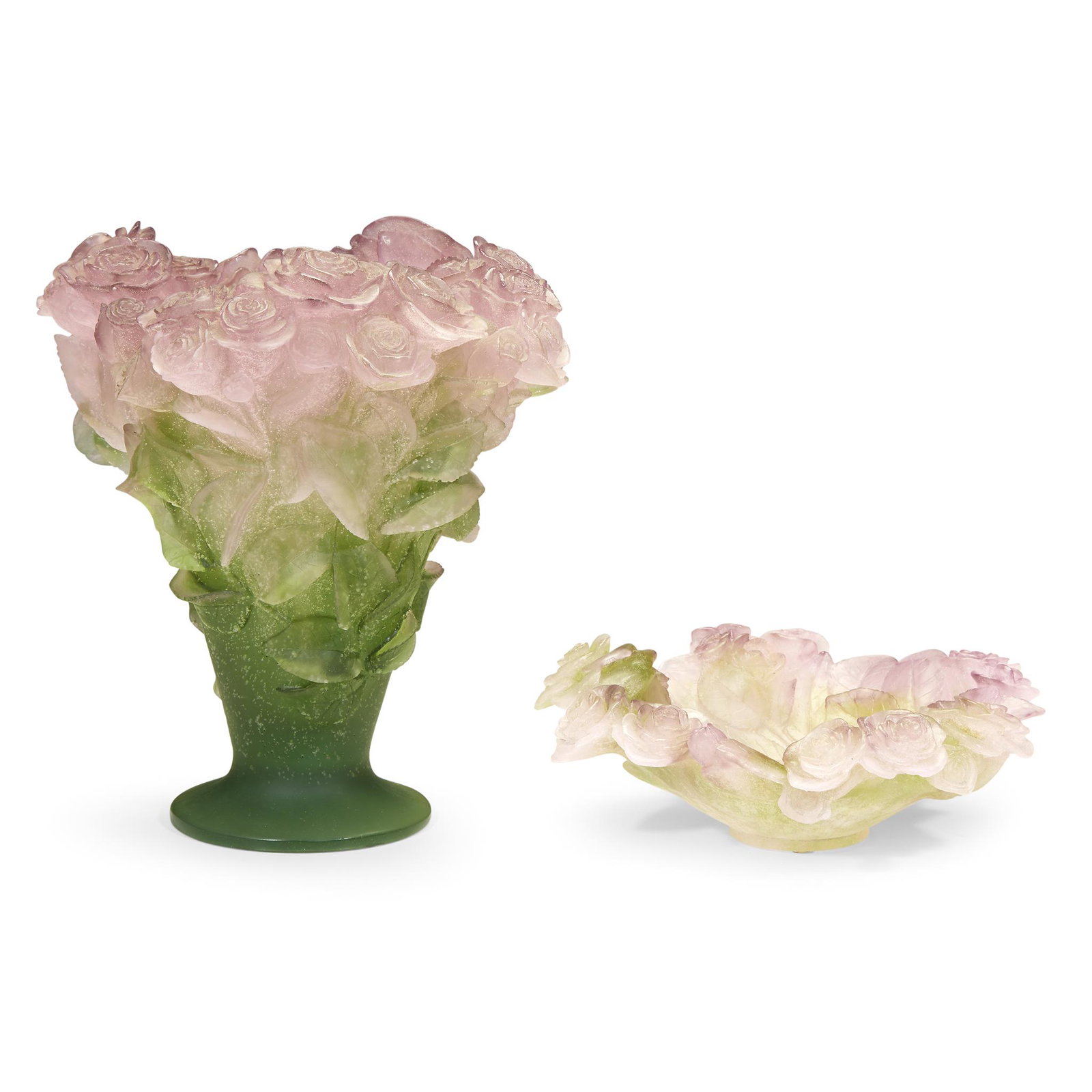 DAUM (French, est. 1878), Late 20th century: DAUM (French, est. 1878)Late 20th centuryTWO PATE DE VERRE "ROSES" VASE AND BOWL. In pink and green color scheme. Bowl: signed "Daum France" to underside. Vase: signed "Daum France" to rim of base. So