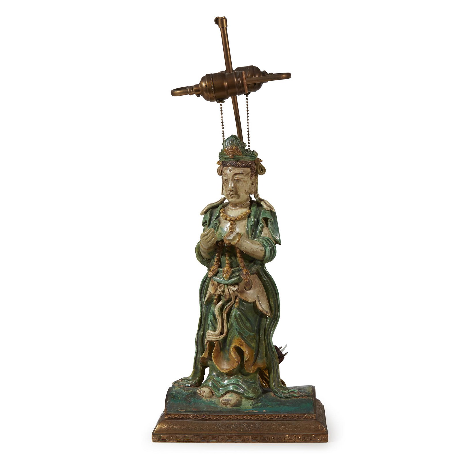 Chinese Tang figure mounted as a lamp, Ming dynasty: Chinese Tang figure mounted as a lampMing dynastyWith a Sancai glaze aith Taoist figure of a Bottasatva. Figure h: 15 in., W: 8 in.