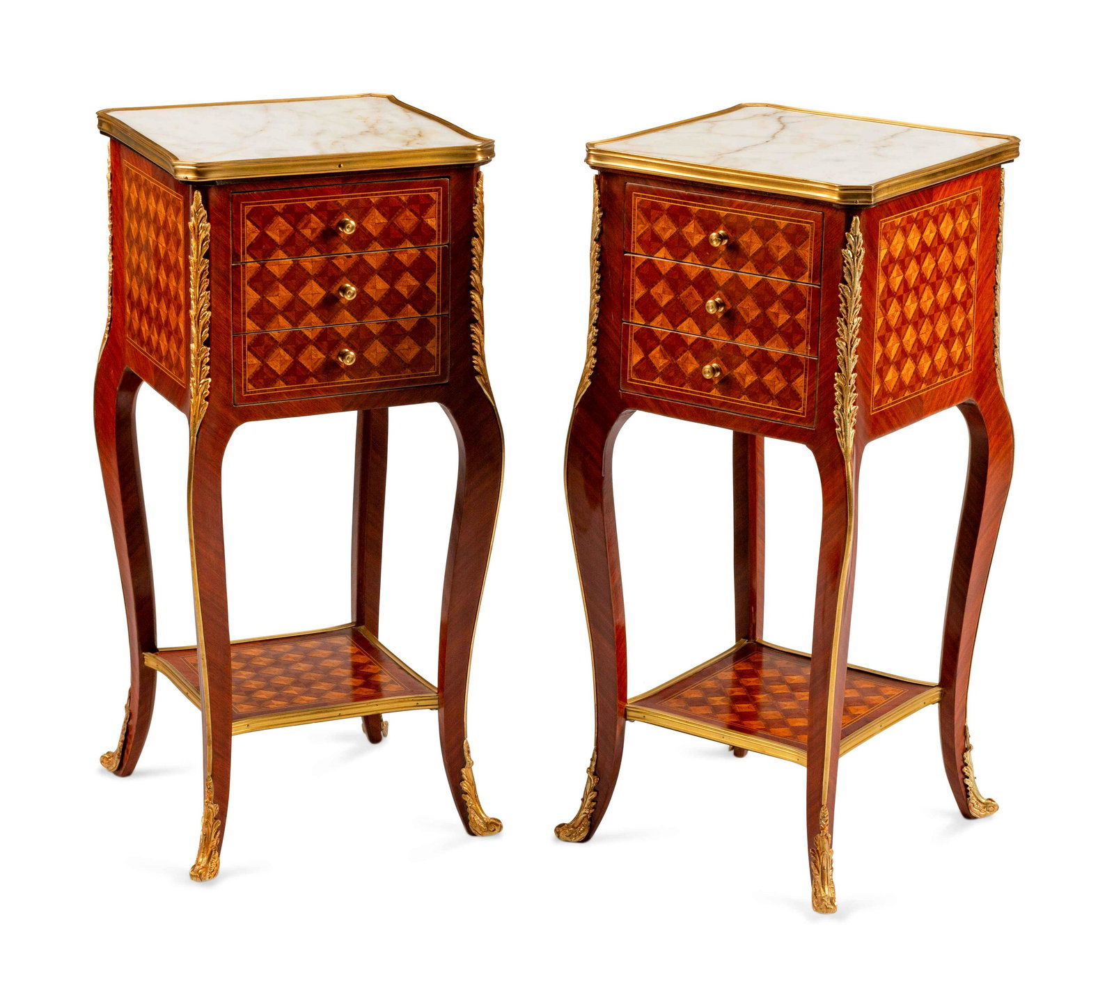 A Pair of Louis XV Style Gilt-Metal-Mounted Parquetry: A Pair of Louis XV Style Gilt-Metal-Mounted Parquetry Tables de Nuit Height 30 1/2 x width 14 1/2 x depth 14 1/2 inches.