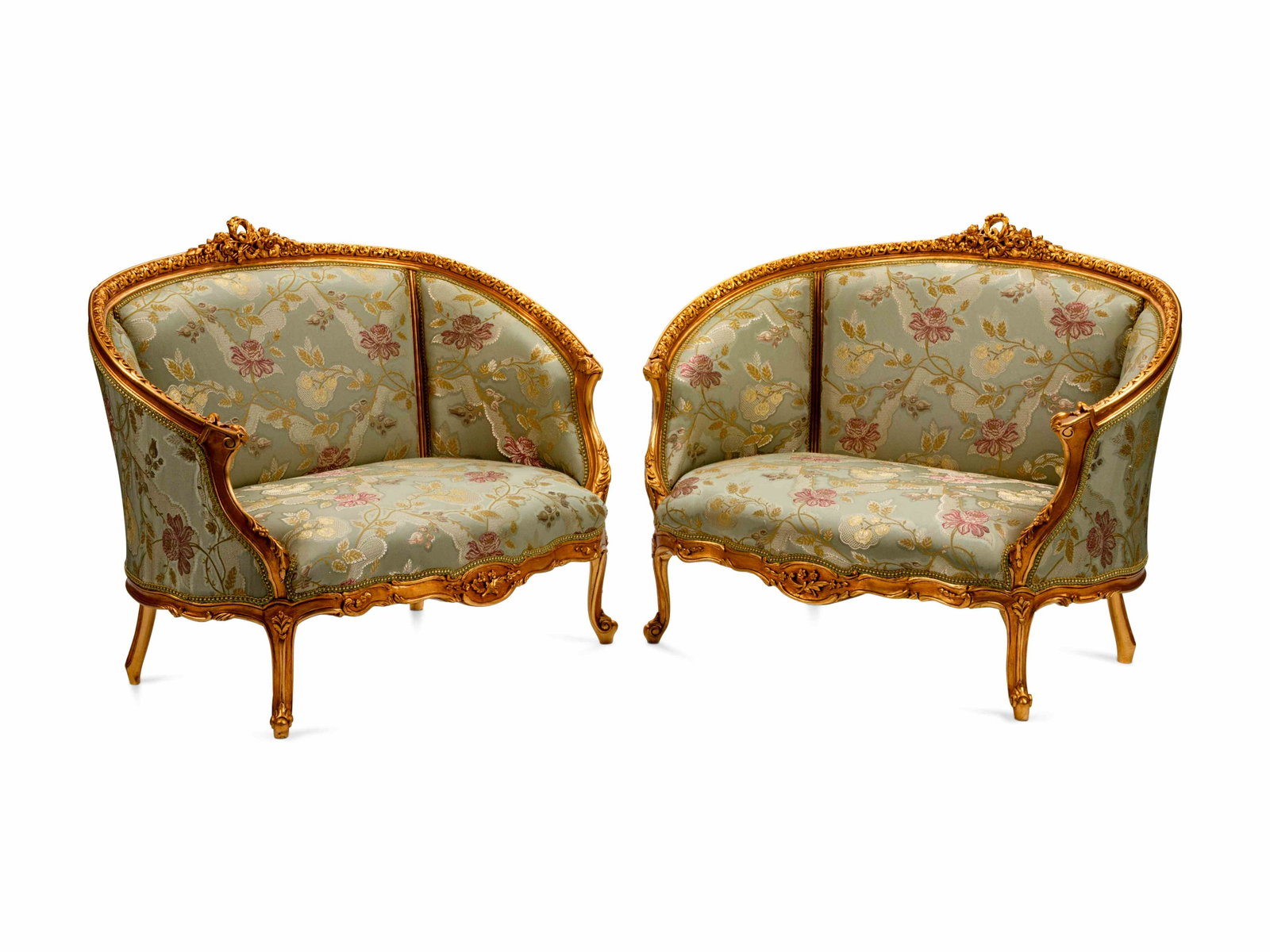 A Pair of Louis XV Style Giltwood Petit Canapes Height: A Pair of Louis XV Style Giltwood Petit Canapes Height 37 x length 48 x depth 28 inches.