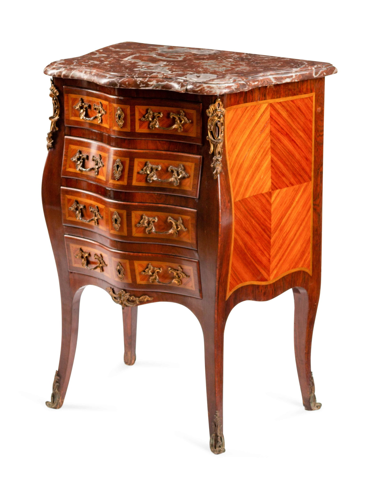 A Louis XV Style Kingwood and Tulipwood Petit Commode: A Louis XV Style Kingwood and Tulipwood Petit Commode 19TH CENTURY Height 34 x width 25 x depth 17 1/2 inches.