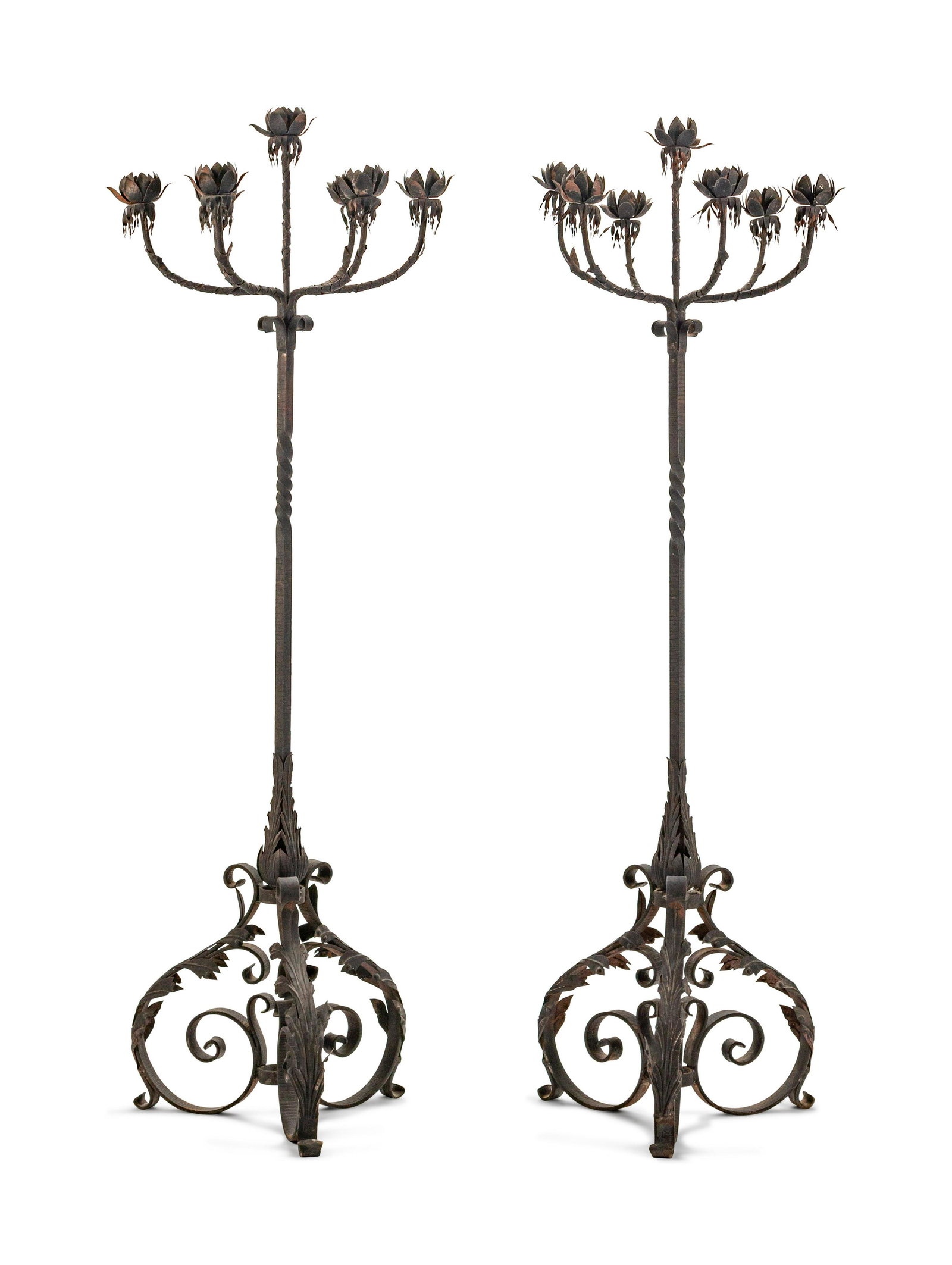 A Pair of Spanish Baroque Style Wrought-Iron and Tole: A Pair of Spanish Baroque Style Wrought-Iron and Tole Floor Standing Torcheres Height 78 x diameter 26 inches.