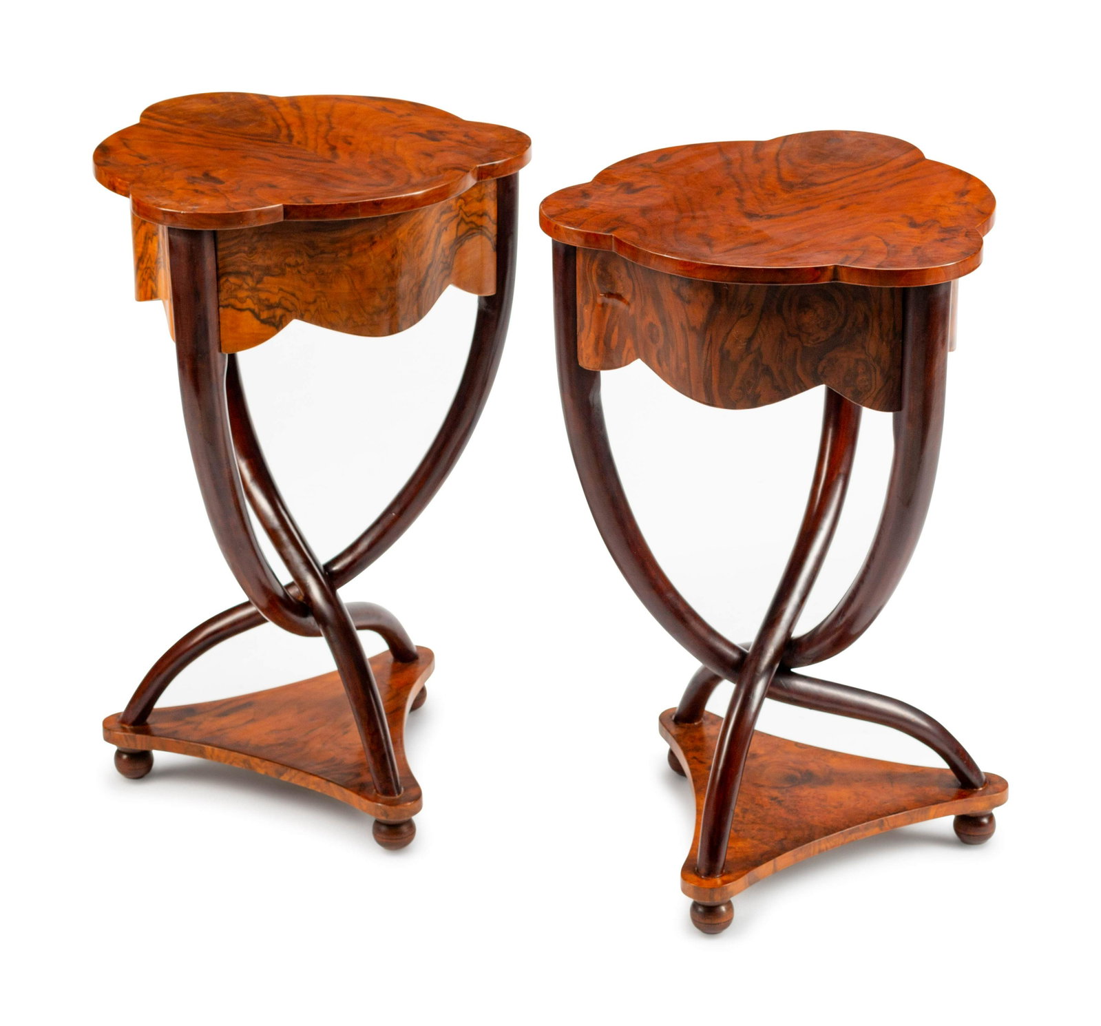 A Pair of Biedermeier Style Shaped Triangular: A Pair of Biedermeier Style Shaped Triangular Circassian Walnut Occasional Tables Height 28 1/2 x width 17 1/2 x depth 17 1/2 inches.