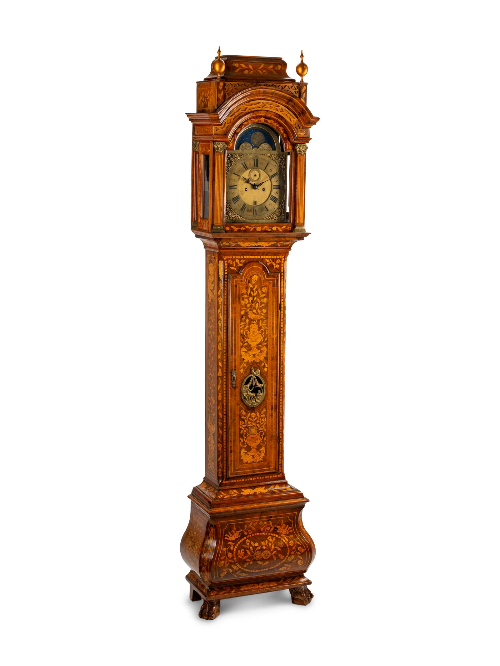A Dutch Rococo Marquetry Longcase Clock Height 95 x: A Dutch Rococo Marquetry Longcase Clock 18TH CENTURY With pendulum, weights and key. Height 95 x width 23 x depth 12 inches.
