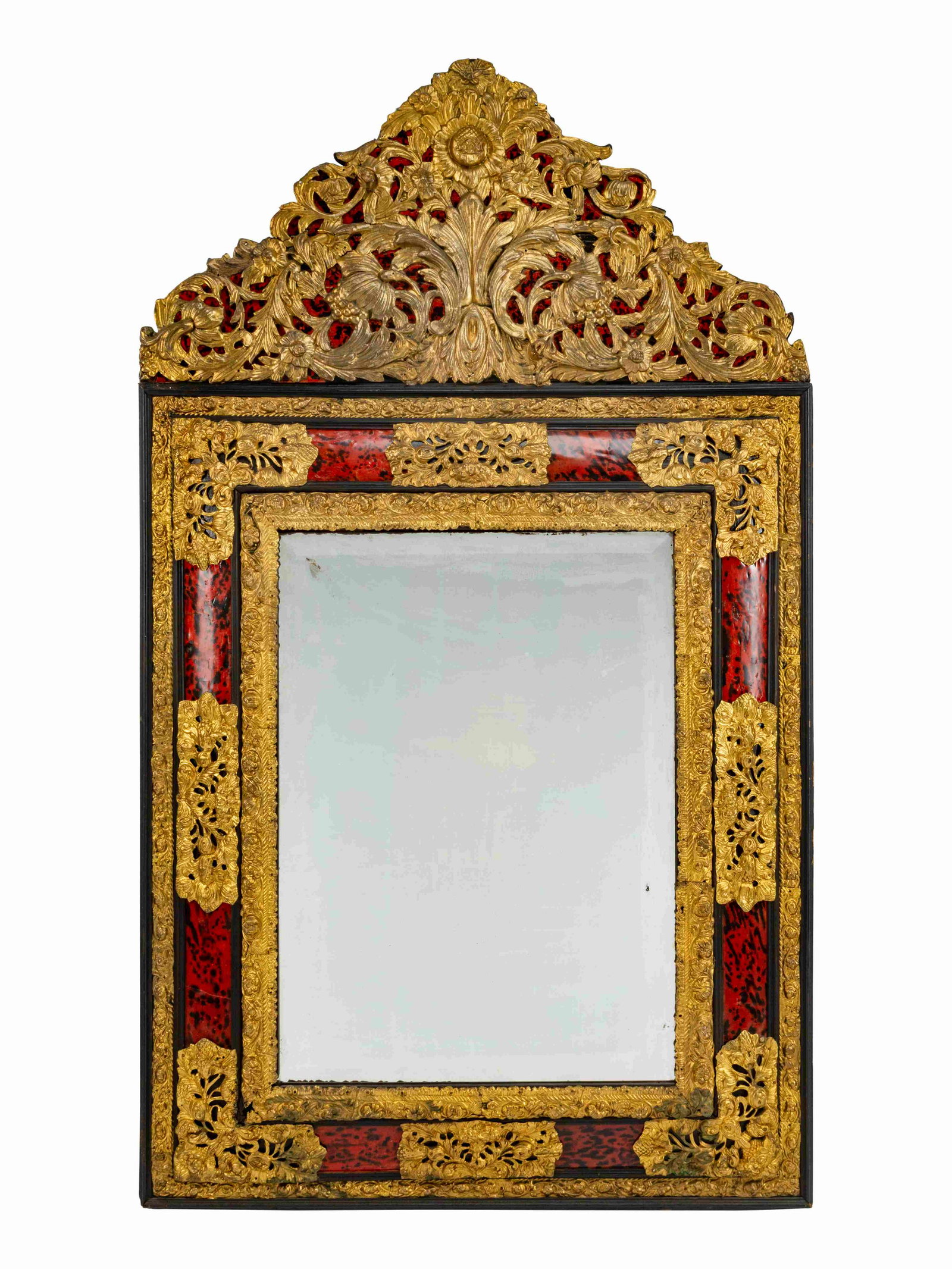 A Flemish Baroque Style Repouseed Brass, Simulated: A Flemish Baroque Style Repouseed Brass, Simulated Tortoise and Ebonized Wood Mirror Height 63 x width 36 1/2 x depth 4 inches.