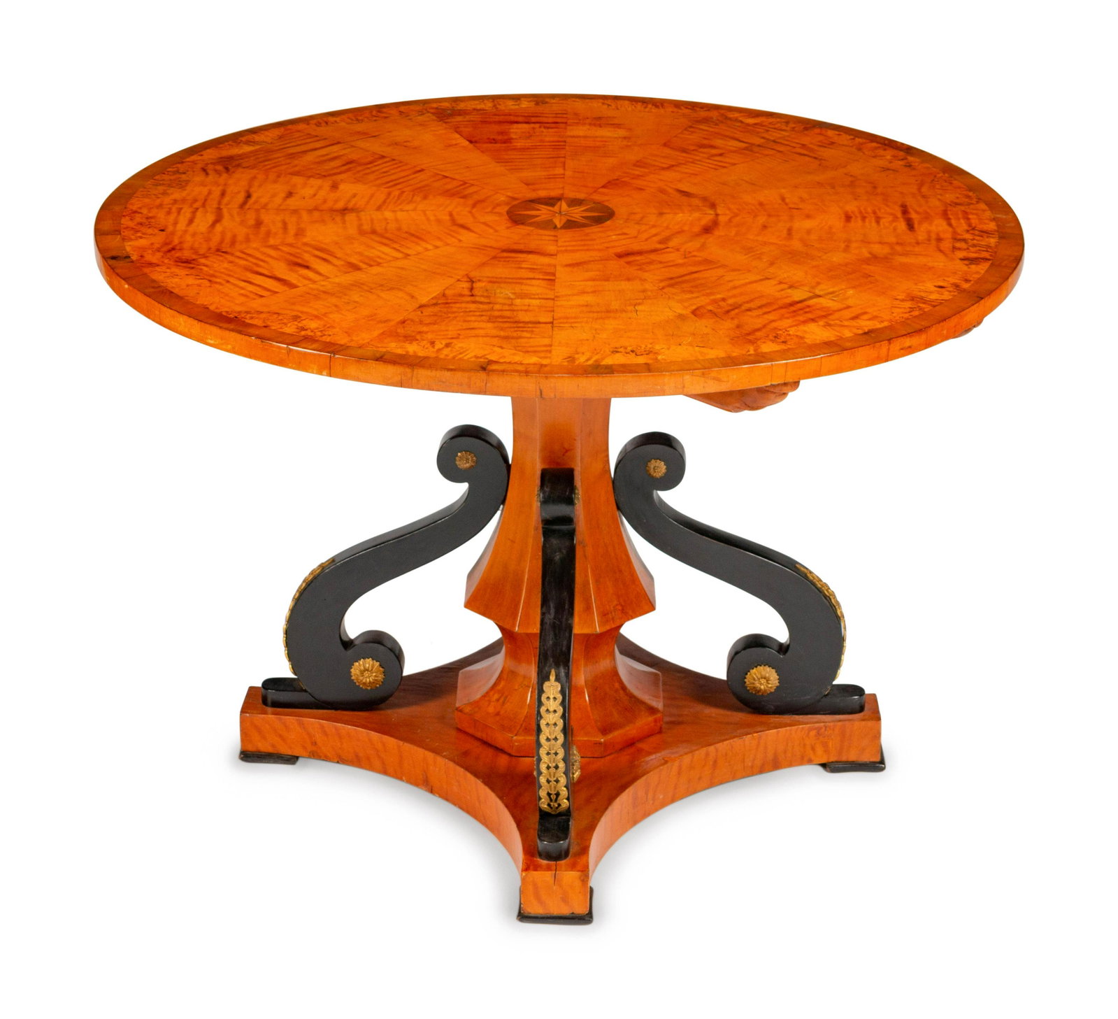 An Austrian Part Ebonized and Inlaid Ash and Walnut: An Austrian Part Ebonized and Inlaid Ash and Walnut Center Table 19TH CENTURY Height 29 x diameter 43 1/2 inches.
