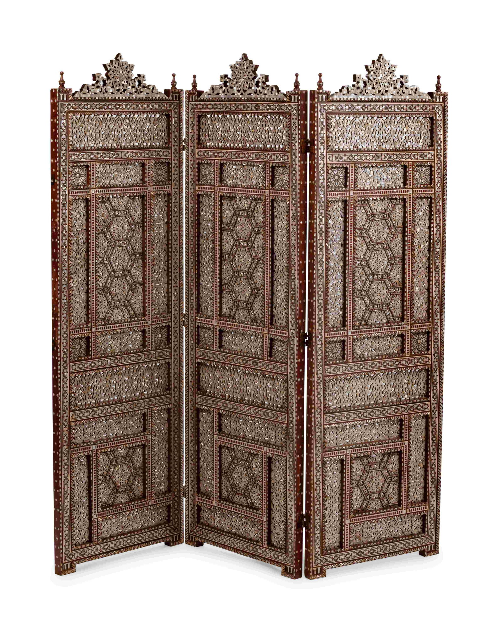 A Moorish Style Double-Sided Inlaid Three-Panel Floor: A Moorish Style Double-Sided Inlaid Three-Panel Floor Screen Height 78 x width of each panel 24 inches.