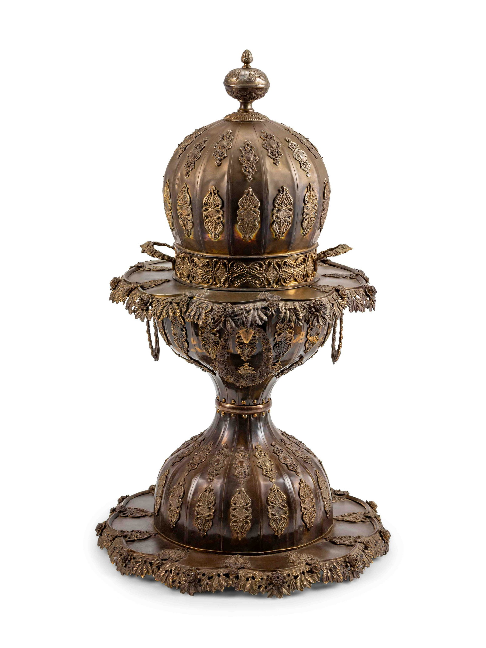 A Moorish Style Brass Brazier Height 44 x diameter 25: A Moorish Style Brass Brazier Height 44 x diameter 25 inches.