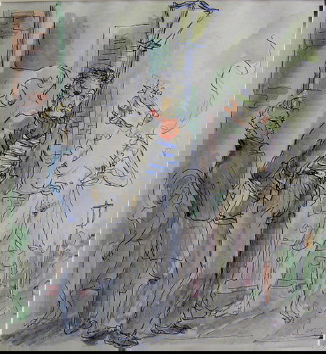 EMLEN ETTING (american 1905-1993) FIGURES ON A ST: EMLEN ETTING (american 1905-1993) FIGURES ON A STREET signed, watercolor and ink 7 7/8 x 7 1/4 in.