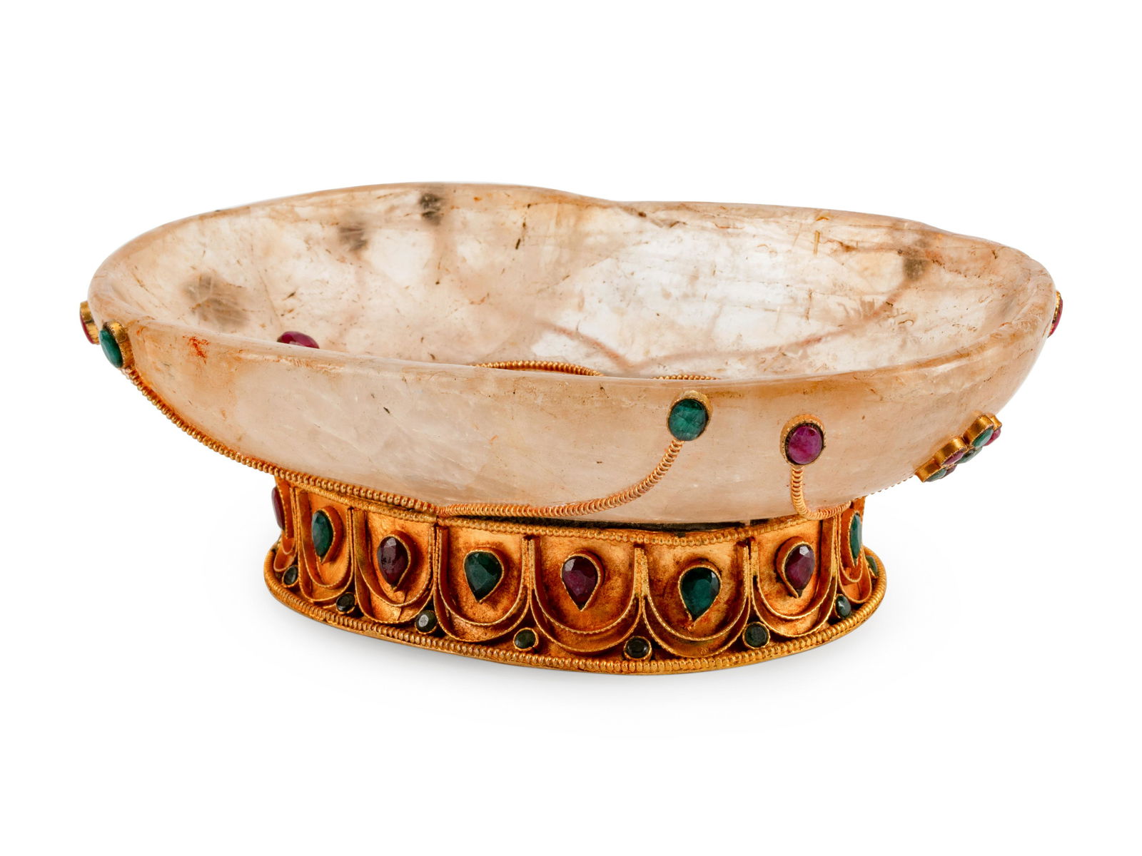 A Ruby and Emerald-Encrusted Rock Crystal Bowl Height 2: A Ruby and Emerald-Encrusted Rock Crystal Bowl Height 2 1/2 x length 7 x depth 4 1/2 inches.