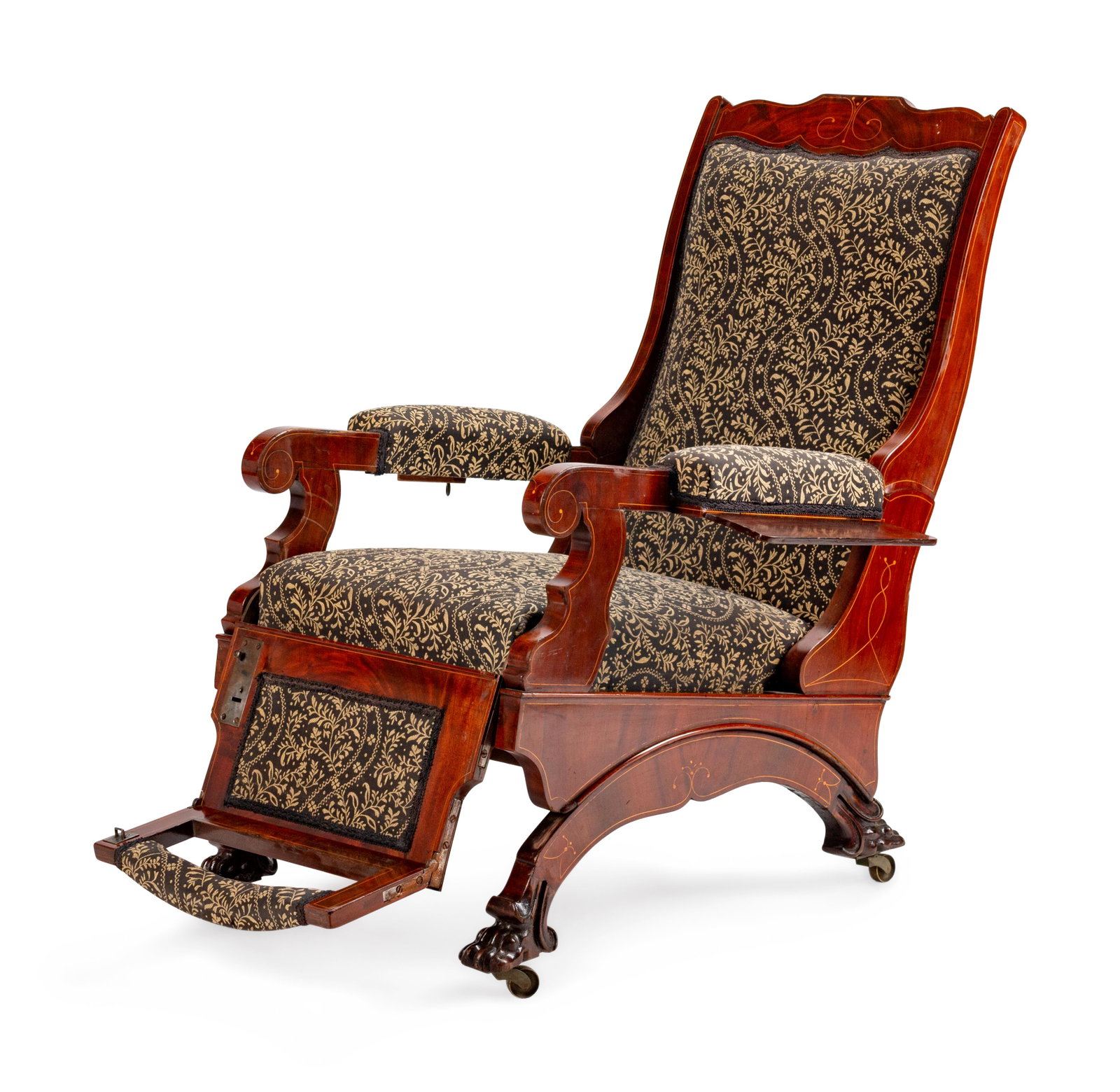 A Victorian Inlaid Mahogany Reclining Armchair Height: A Victorian Inlaid Mahogany Reclining Armchair LAST QUARTER 19TH CENTURY Height 41 x width 23 x depth 34 inches.