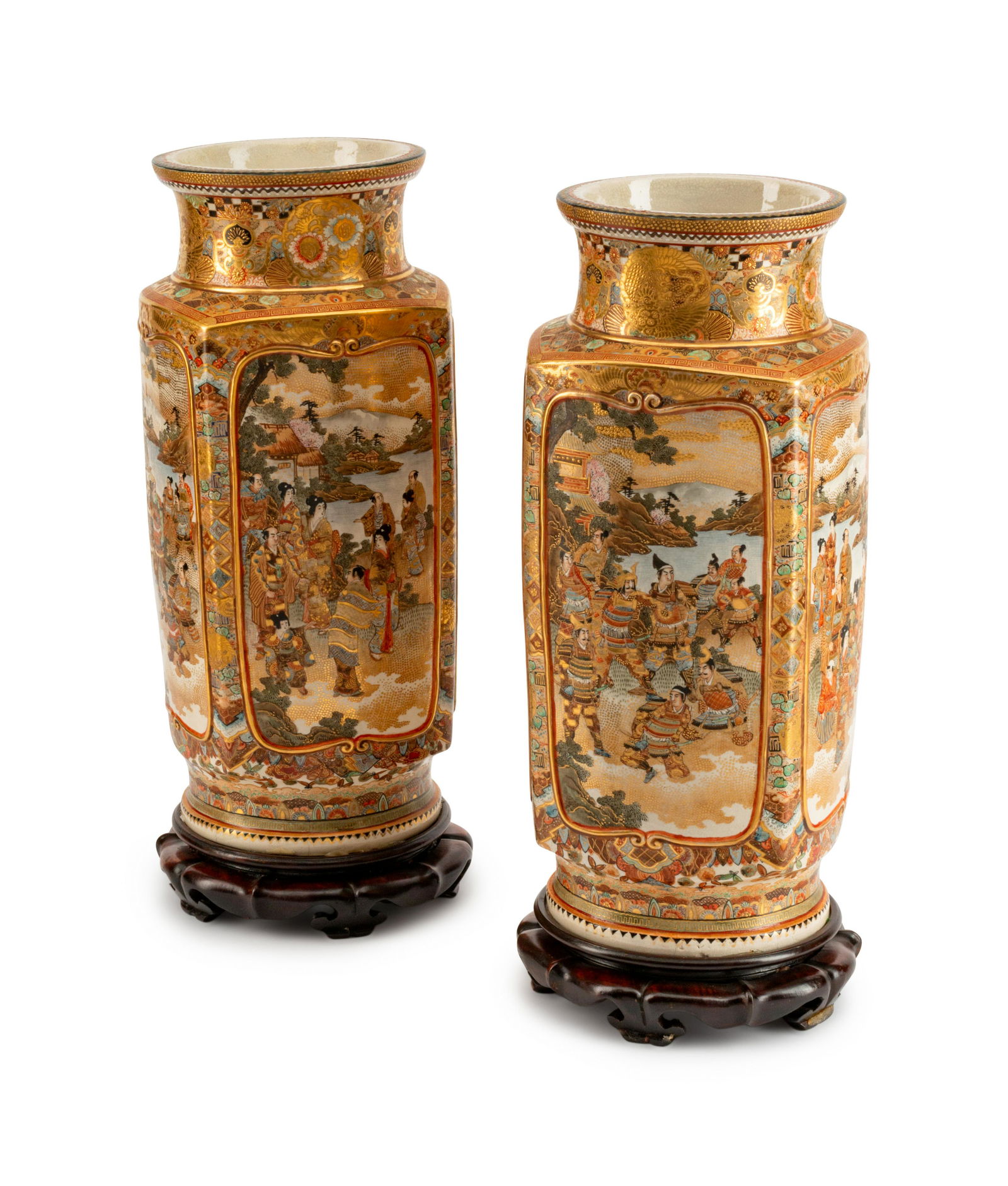 A Pair of Satsuma Earthenware Vases Height 19 1/2 x: A Pair of Satsuma Earthenware Vases MEIJI PERIOD Height 19 1/2 x width 7 1/2 x depth 7 1/2 inches.