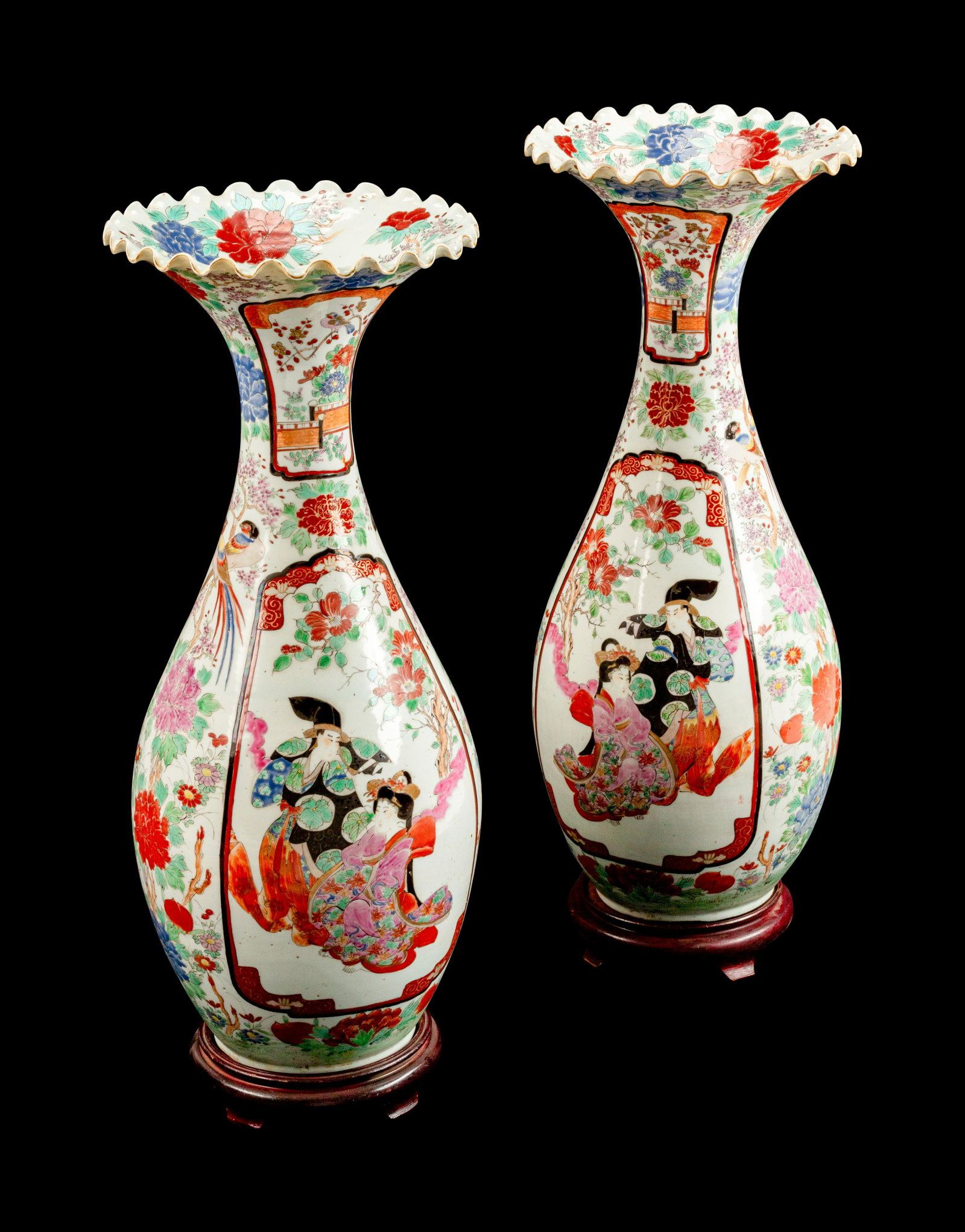 A Pair of Kutani Porcelain Vases Height 26 x diameter: A Pair of Kutani Porcelain Vases MEIJI PERIOD With wood stands. Height 26 x diameter 10 inches.