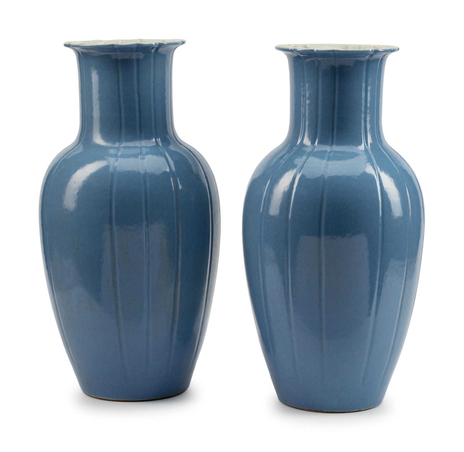 A Pair of Chinese Shouldered Ovoid Blue-Glazed: A Pair of Chinese Shouldered Ovoid Blue-Glazed Porcelain Vases Height 20 1/2 x diameter 9 inches.
