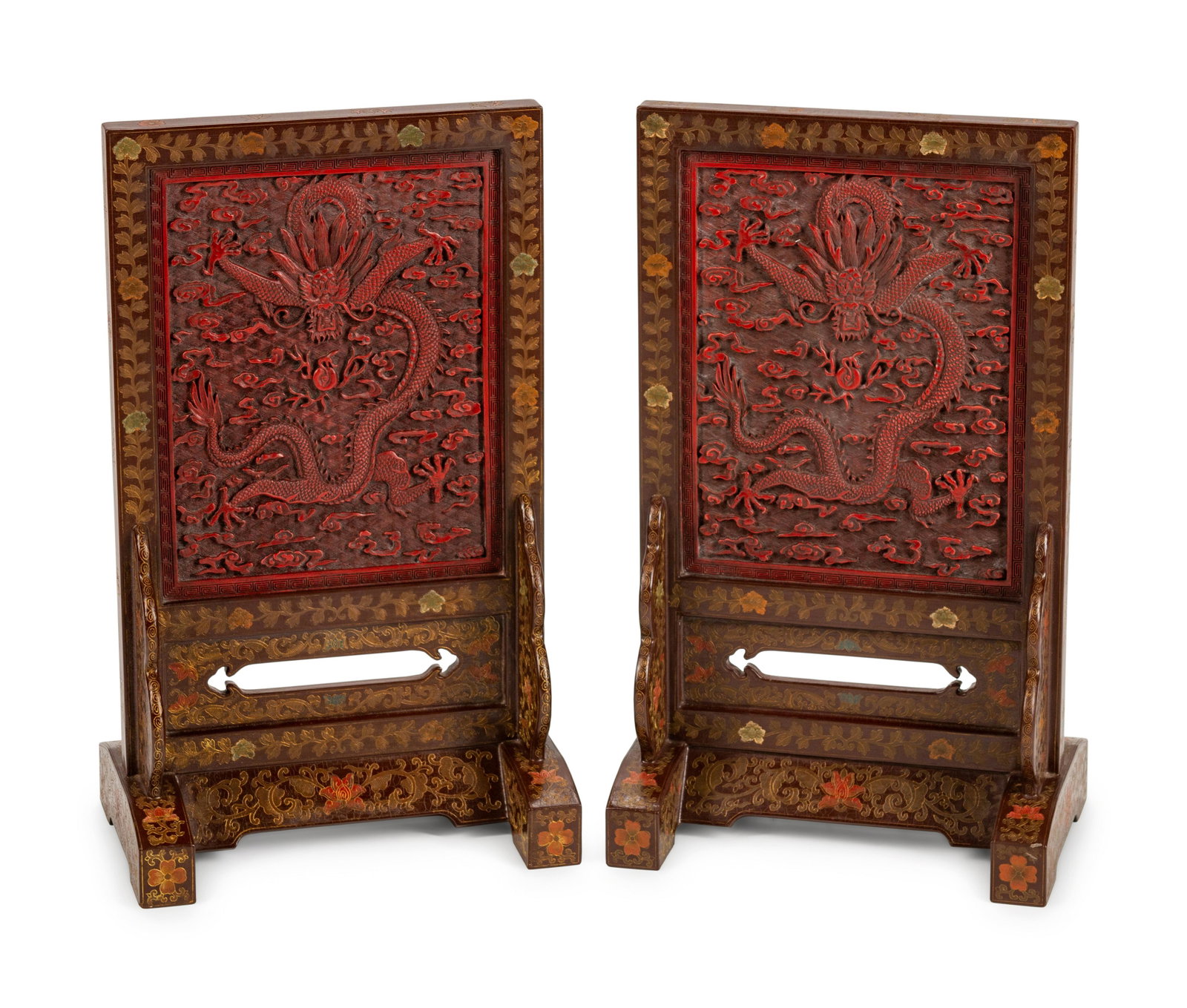A Pair of Chinese Red Lacquer Table Screens Height 21 x: A Pair of Chinese Red Lacquer Table Screens Height 21 x width 12 x depth 8 inches.