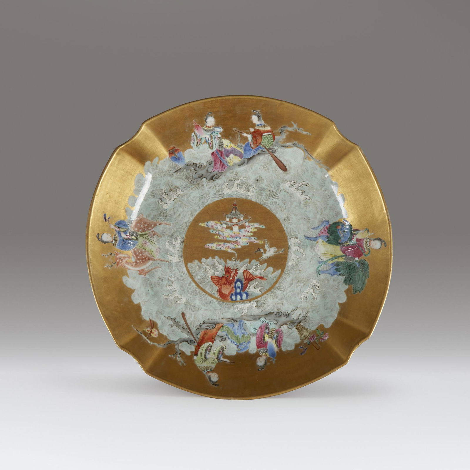 A Chinese gold-ground lobed "Immortals" dish, Jiaqing (1 of 2)