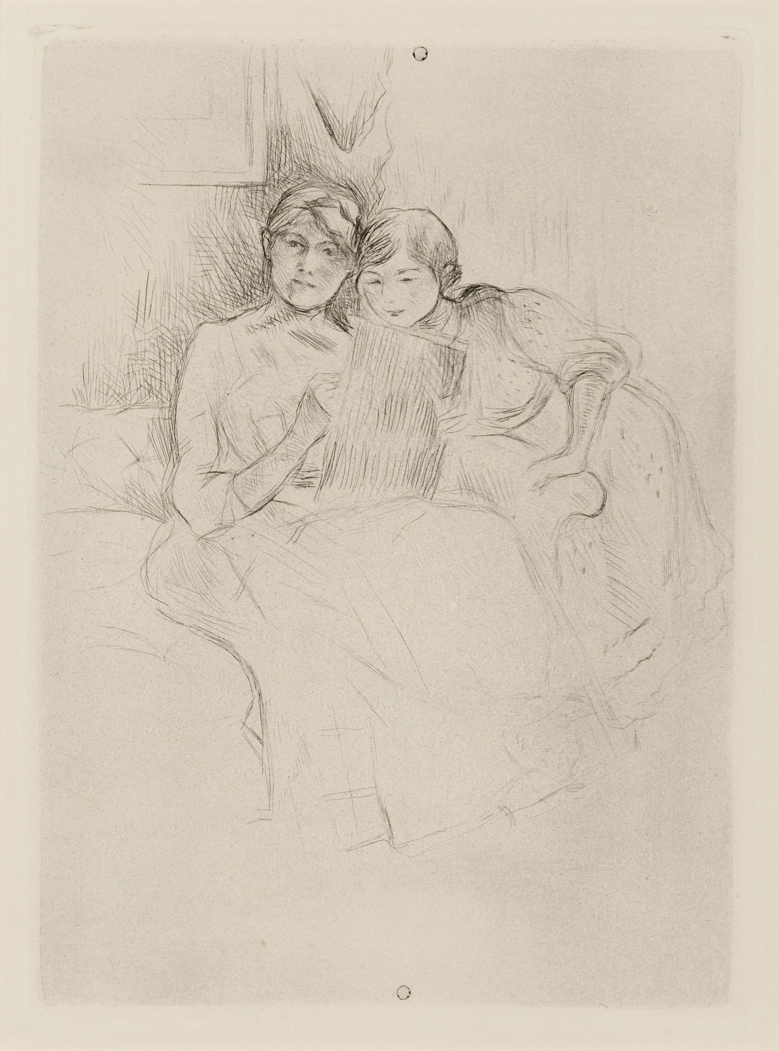 Berthe Morisot (French, 1841-1895) Berthe Morisot: Berthe Morisot (French, 1841-1895) Berthe Morisot dessinant, avec sa fille etching 7 x 5 1/4 inches. Property from the Eiseman Collection, Milwaukee, Wisconsin