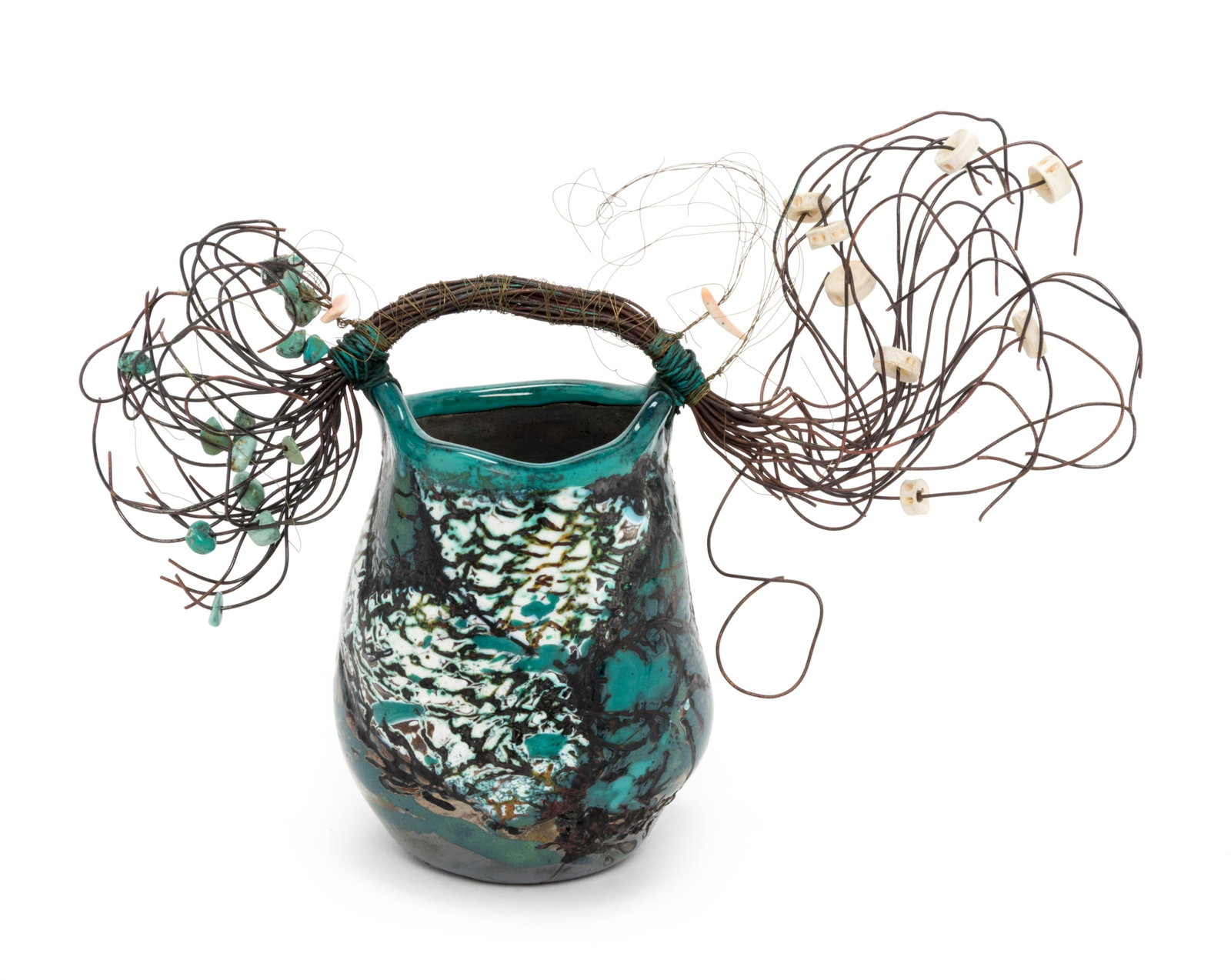 Laura Donefer (American/Canadian, b. 1955) Witches Pot: Laura Donefer (American/Canadian, b. 1955) Witches Pot blown glass, copper, turquoise, bone etched Laura Donefer 70 J+H to underside H 6 x W 8 1/2 x D 3 inches Property From the Estate of Jean and Hil