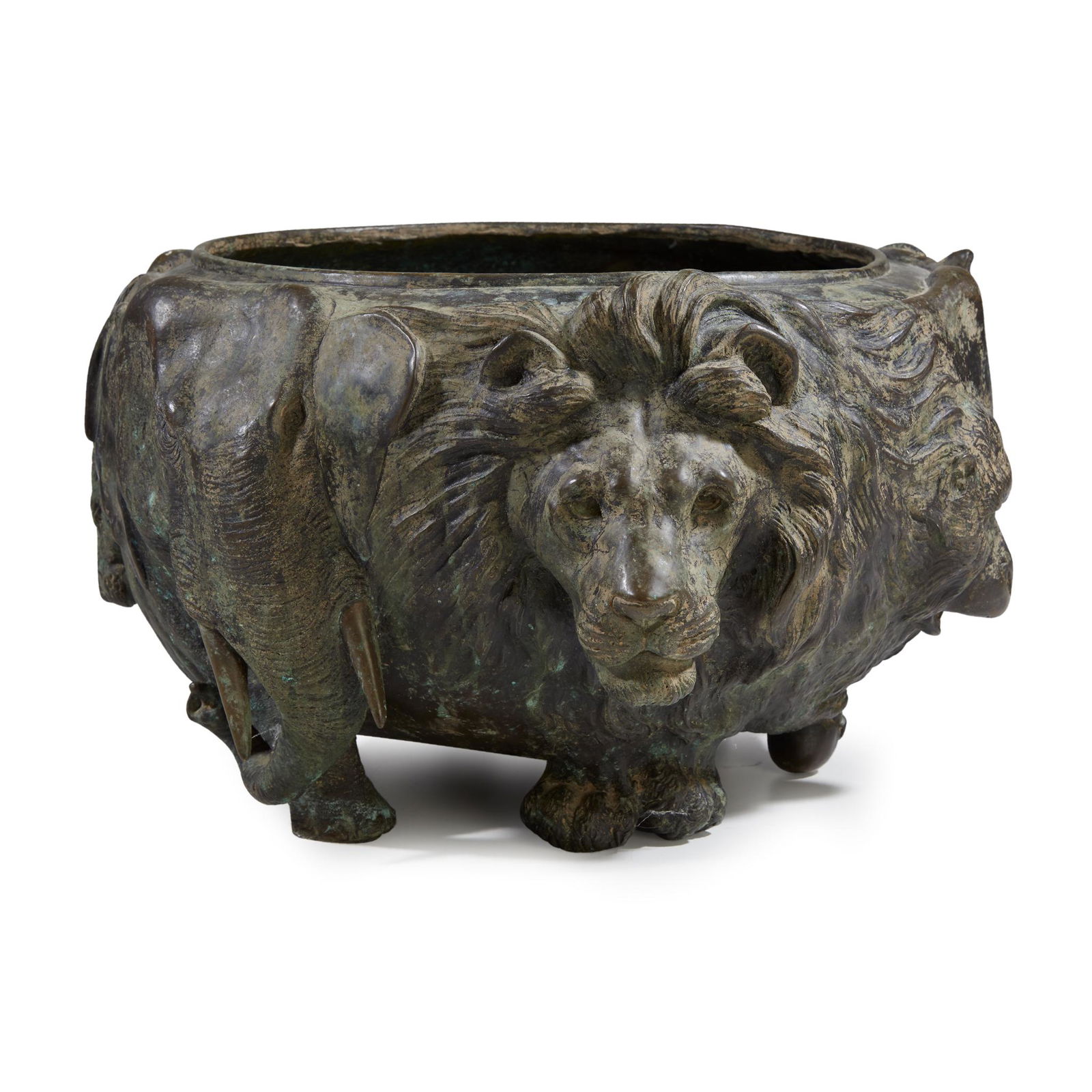 A large Japanese patinated bronze "Animals" jardiniere, (1 of 2)