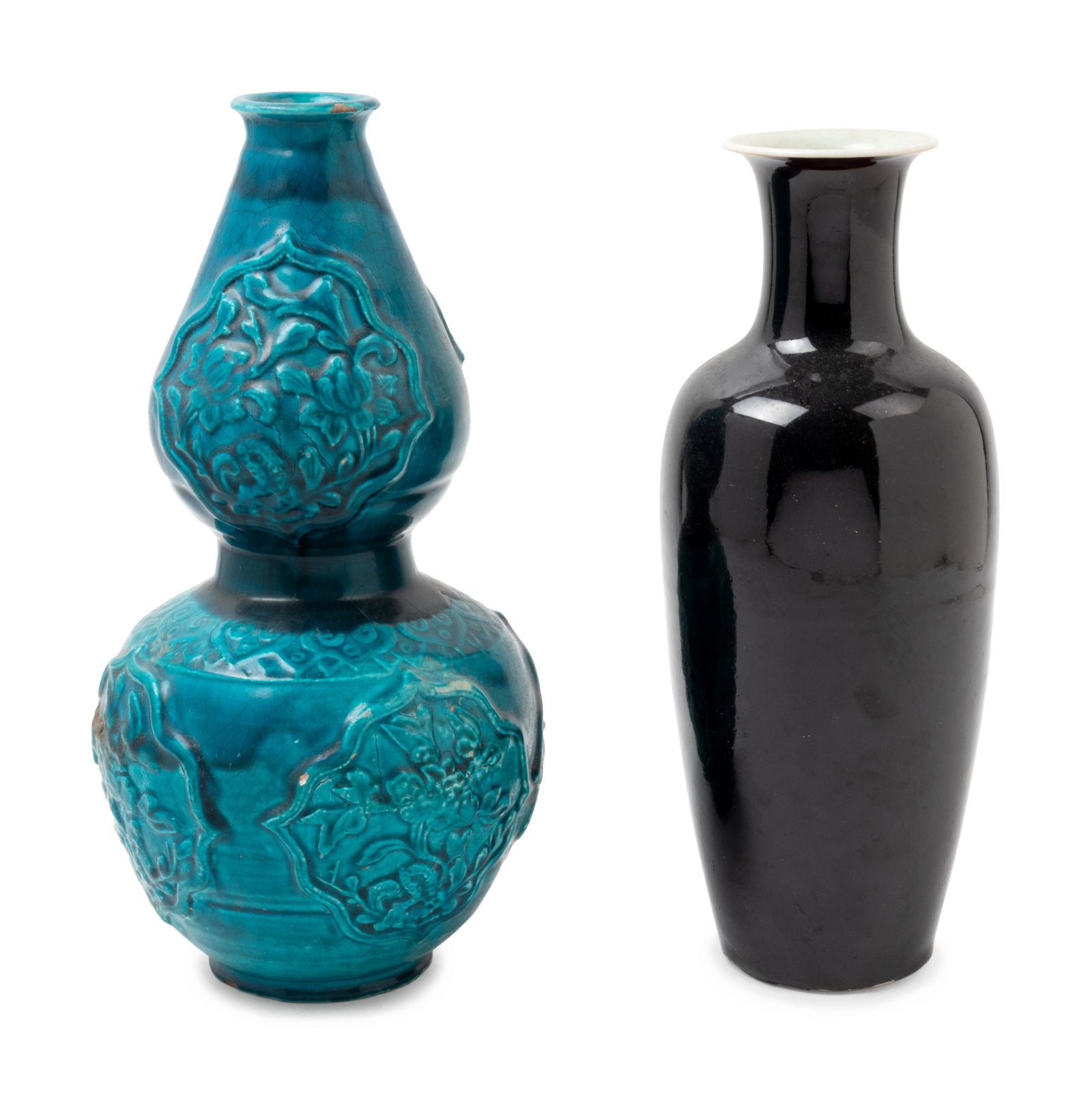 Two Chinese Porcelain Vases Height of taller 14 inches,: Two Chinese Porcelain Vases comprising one turquoise gourd form example with carved and molded decoration, and one mirror black example. Height of taller 14 inches, 36 cm.