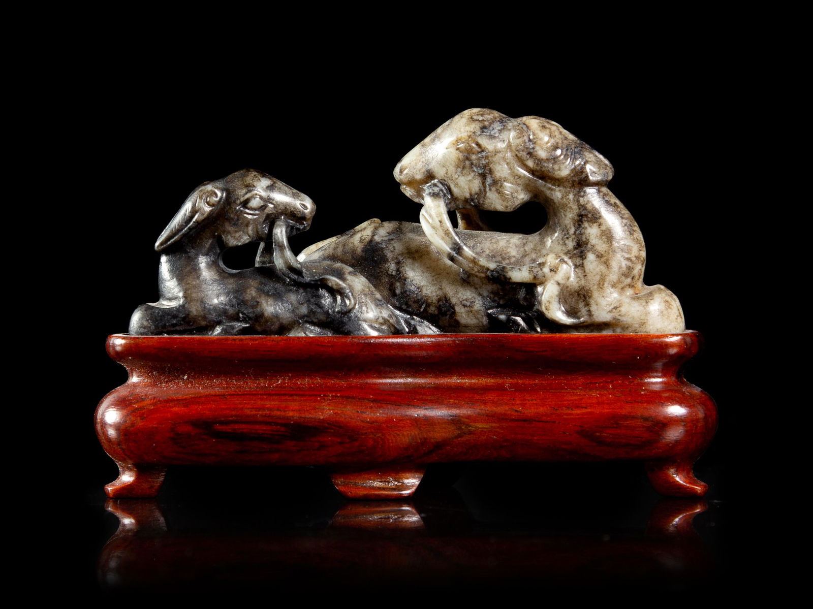 A Chinese Grey and Black Jade Figural Group of Double (1 of 2)