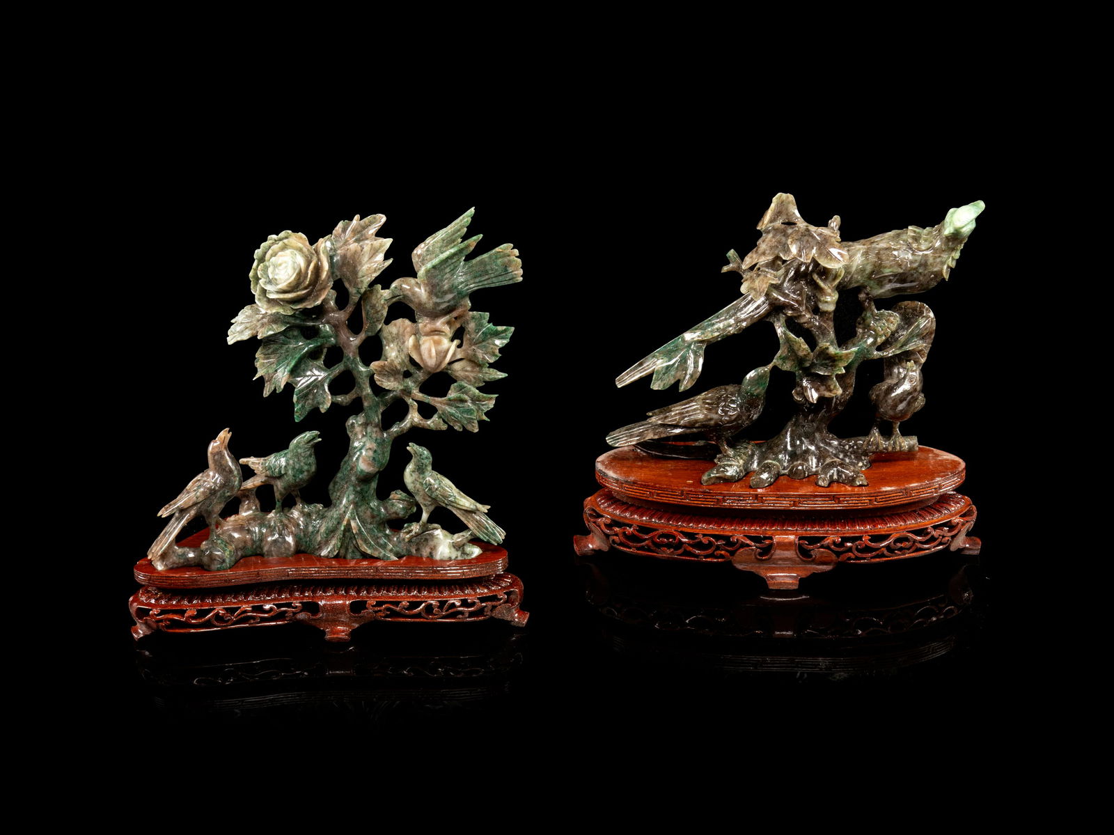 Two Chinese Spinach Jade Figural Groups of Birds Height (1 of 3)
