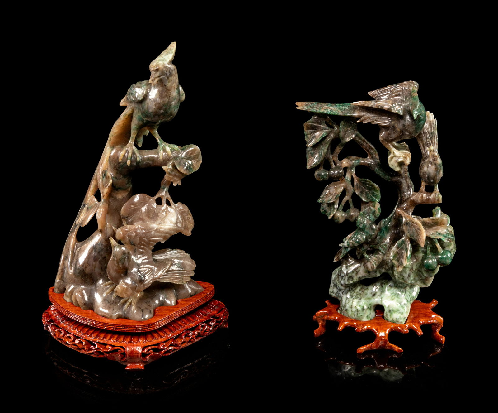 Two Chinese Spinach Jade Figural Groups of Birds Height (1 of 3)