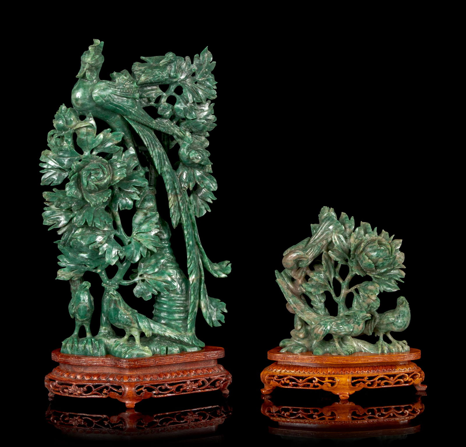 Two Chinese Green Hardstone Figural Groups of Birds (1 of 2)