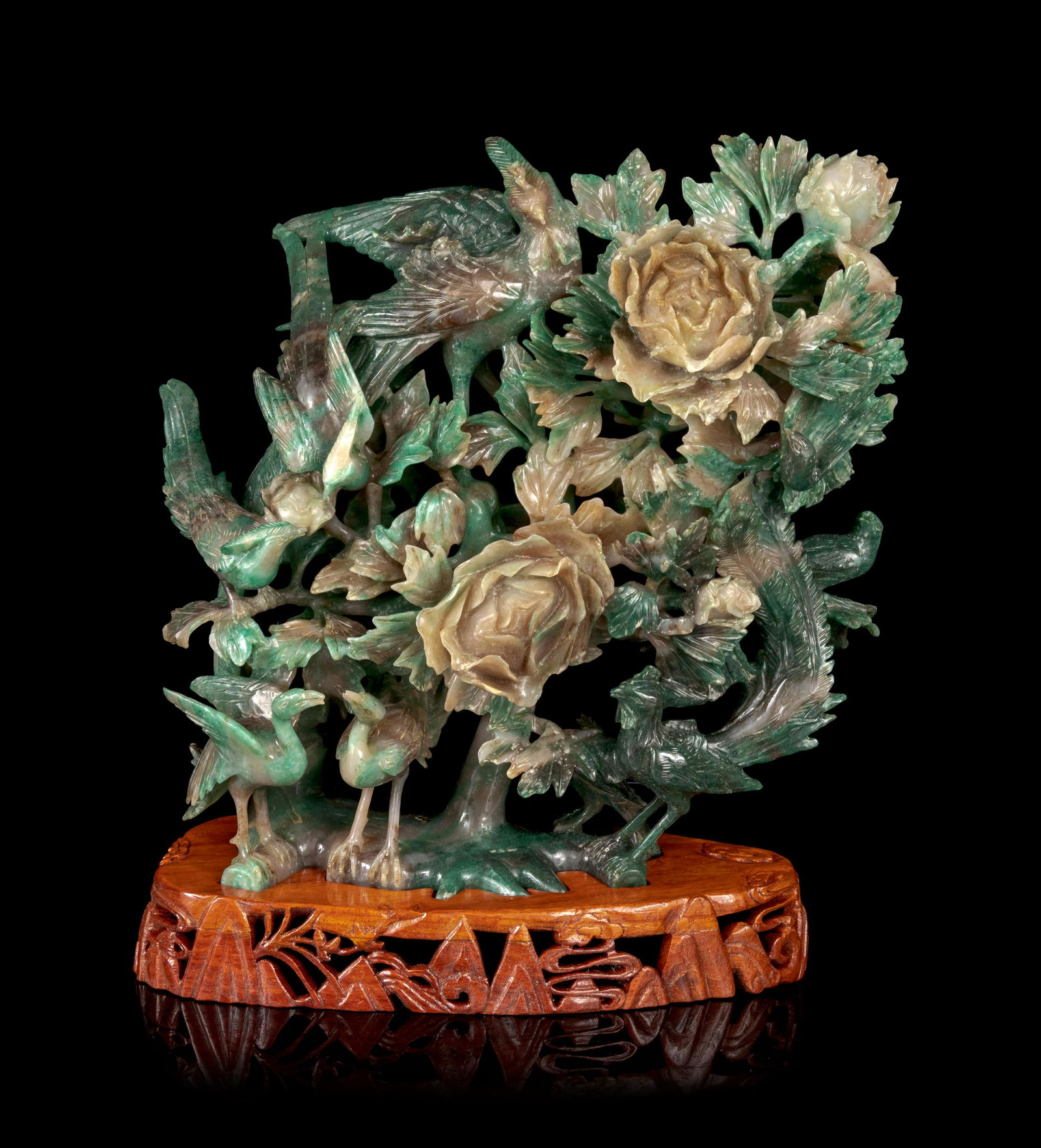 A Large Chinese Hardstone Figural Group of Birds and (1 of 2)