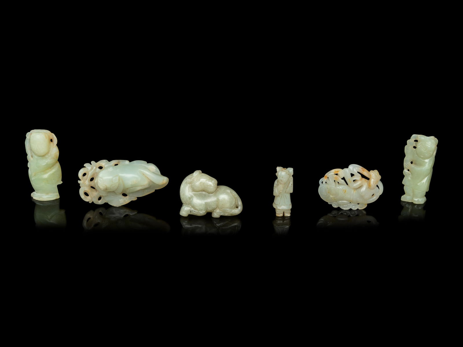 Six Chinese Celadon Jade Carvings Length of largest 2 (1 of 3)