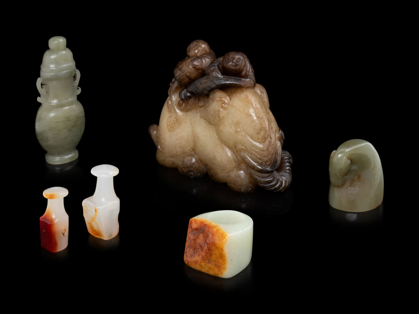 Six Chinese Celadon and Russet Jade Articles Length of (1 of 1)