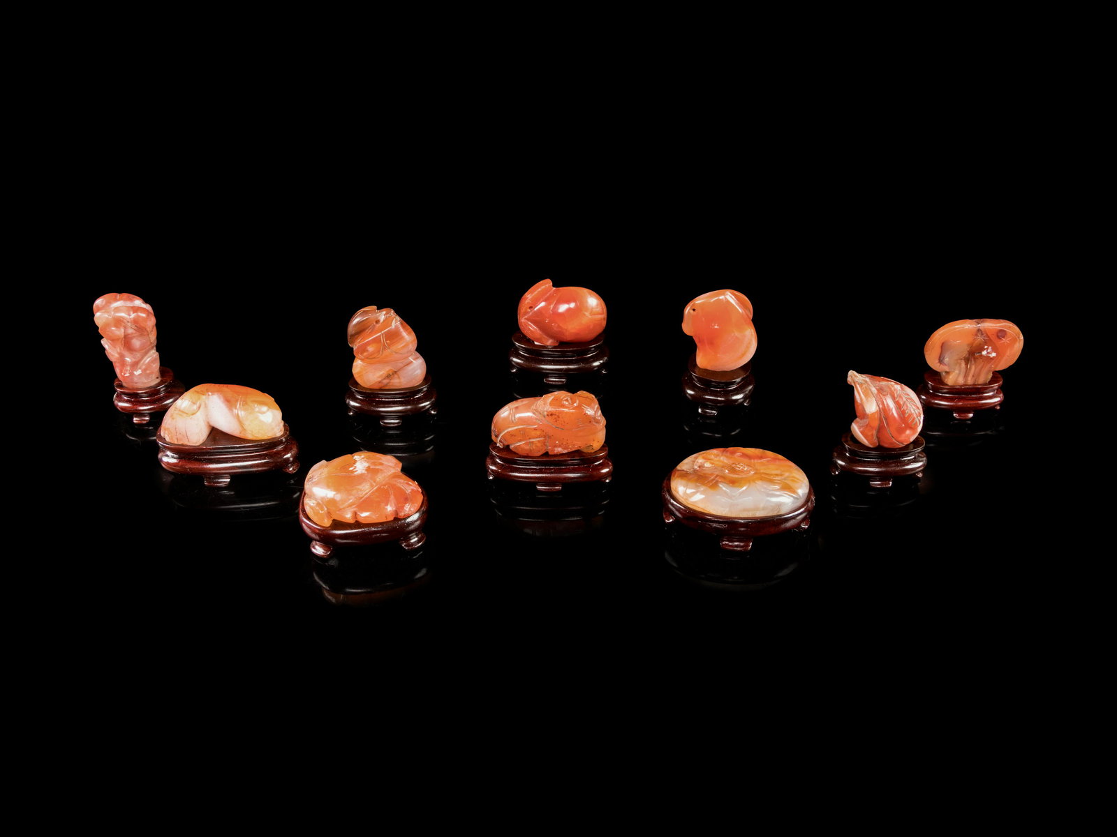 Ten Small Chinese Carnelian Agate Carvings Length of (1 of 3)
