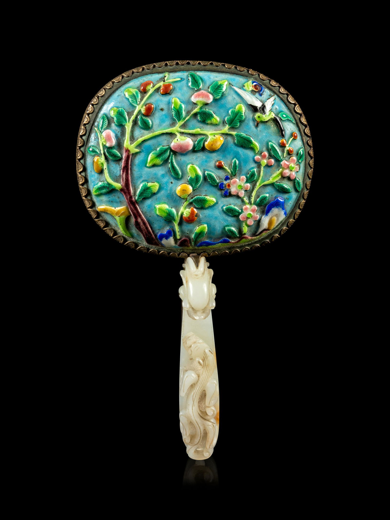 A Chinese Jade Inset Enameled Hand Mirror Length 7 3/4 (1 of 4)