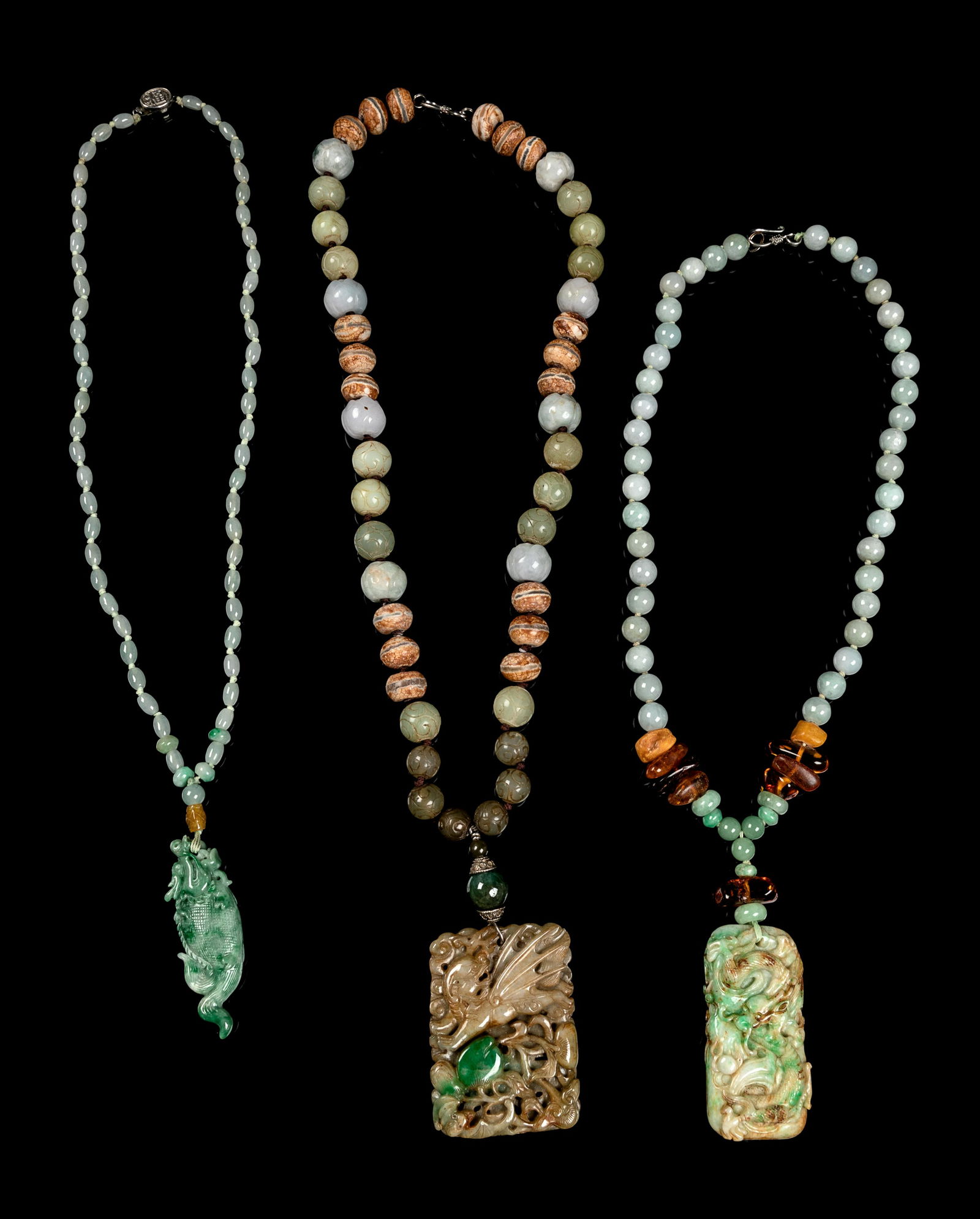 Three Chinese Jade, Jadeite and Hardstone Beaded (1 of 2)