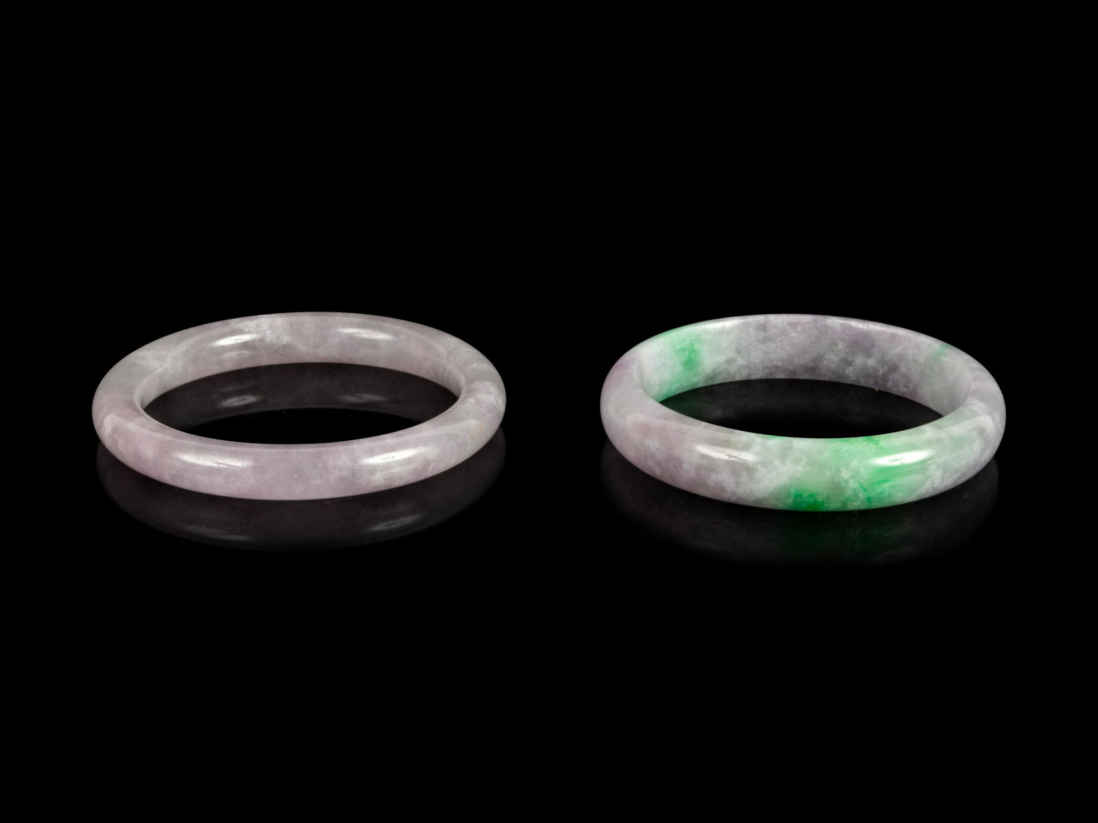 Two Chinese Lavender and Apple Green Jadeite Bangles (1 of 2)