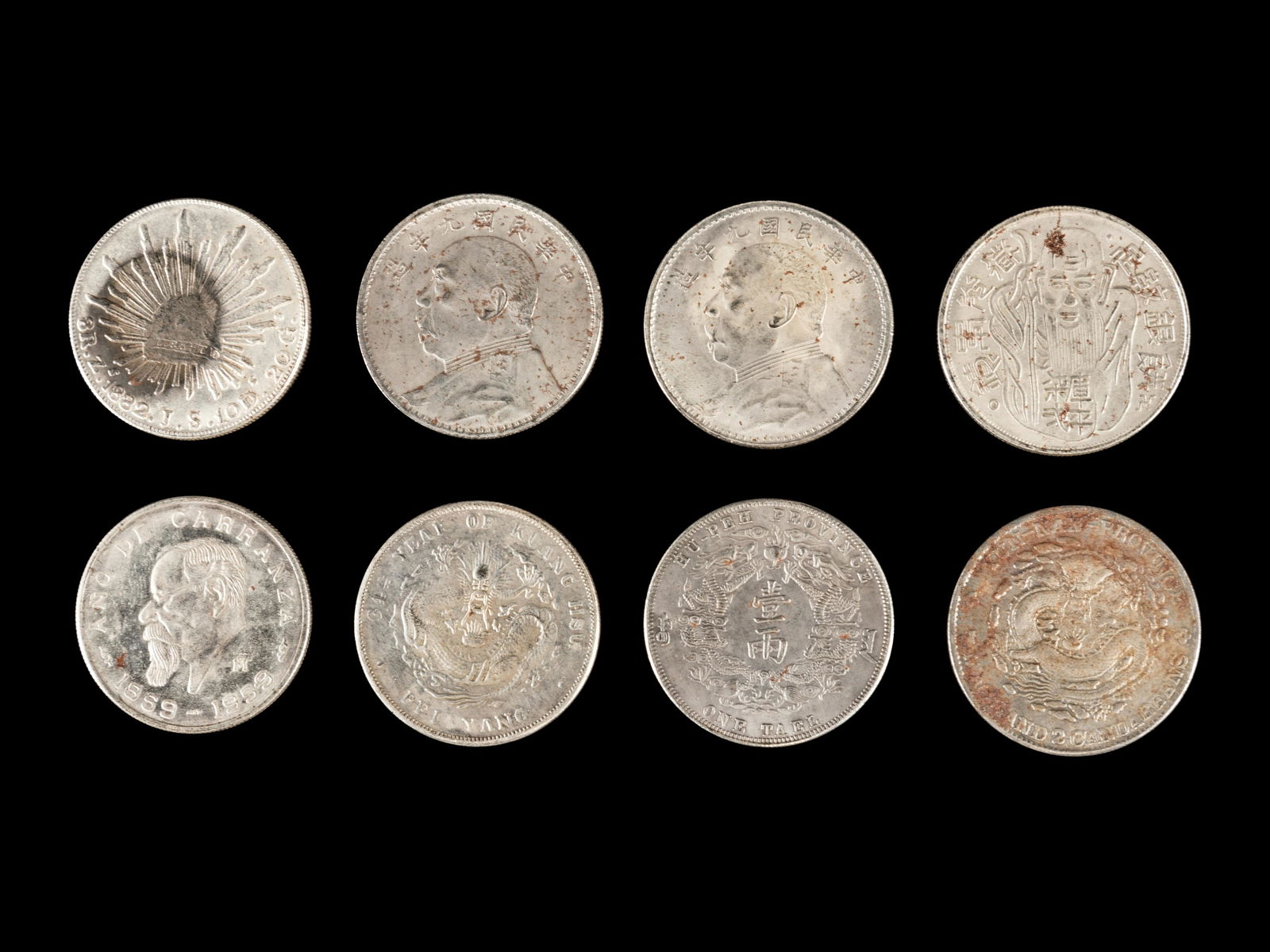 Eight Chinese Silver Coins Diam 1 1/2 in., 4 cm. (1 of 2)